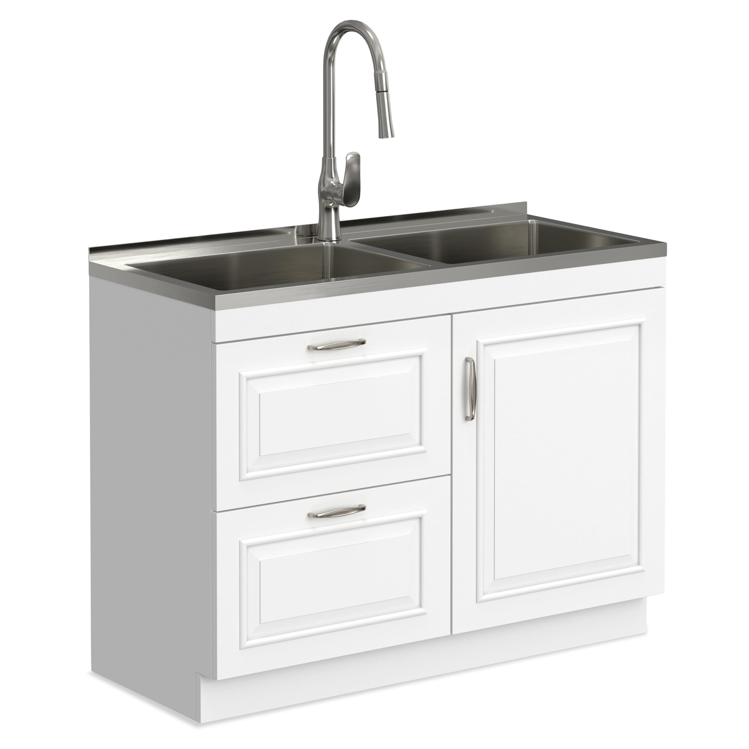 SIMPLIHOME Darwin All-in-One 46 inch Wide Utility Sink and Laundry Cabinet in Pure White Finish, Transitional Stainless Steel Du