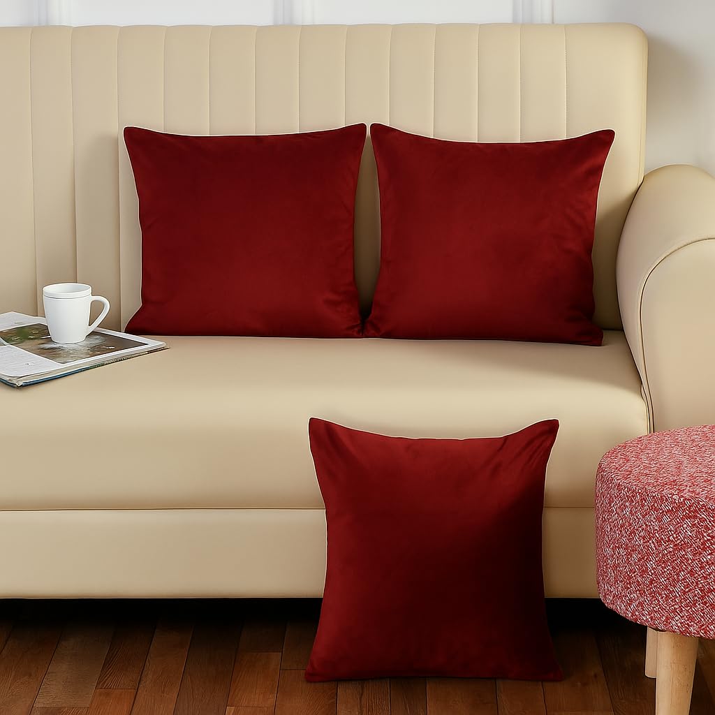 Stuffique Velvet Pillow Solid Plain 190 Tc Cushion Covers Pack Of 3 (16 X 16 Inch) Red