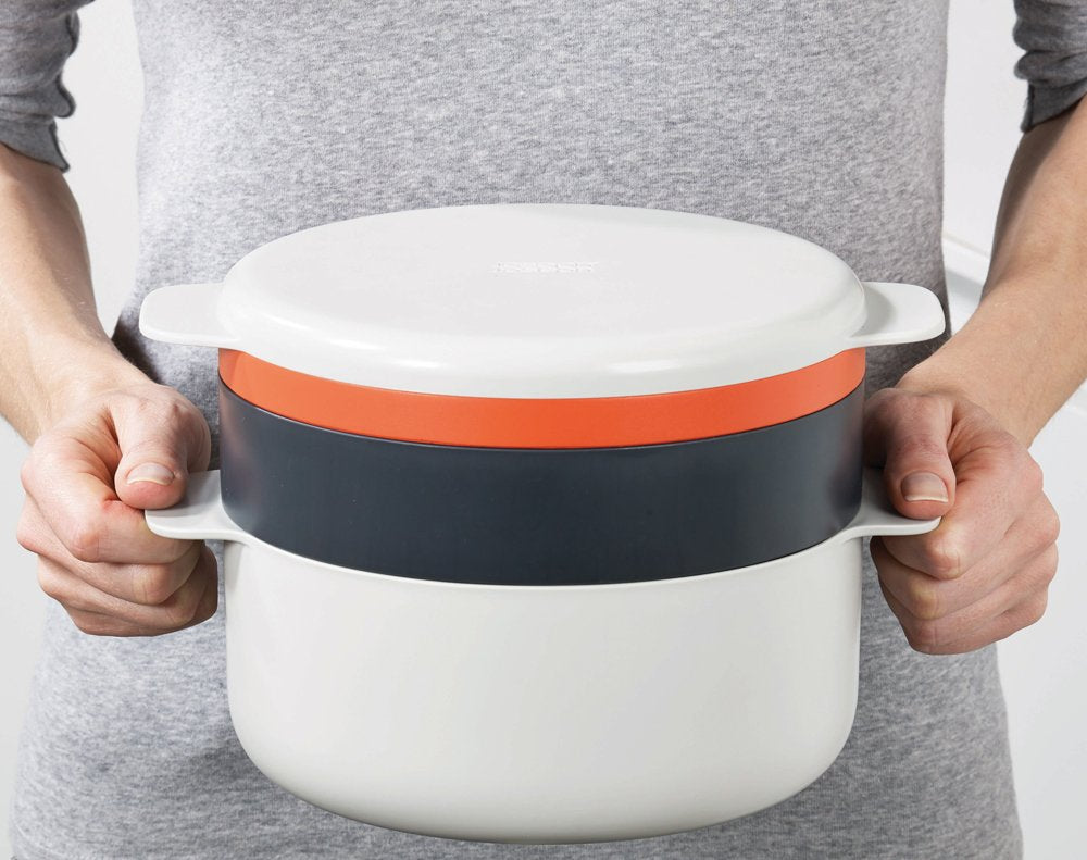 Joseph Joseph M-Cuisine Microwave 4-Piece Stackable Cooking Set  2 liter cooking pot  steamer  griddle and lid  Orange/Beige