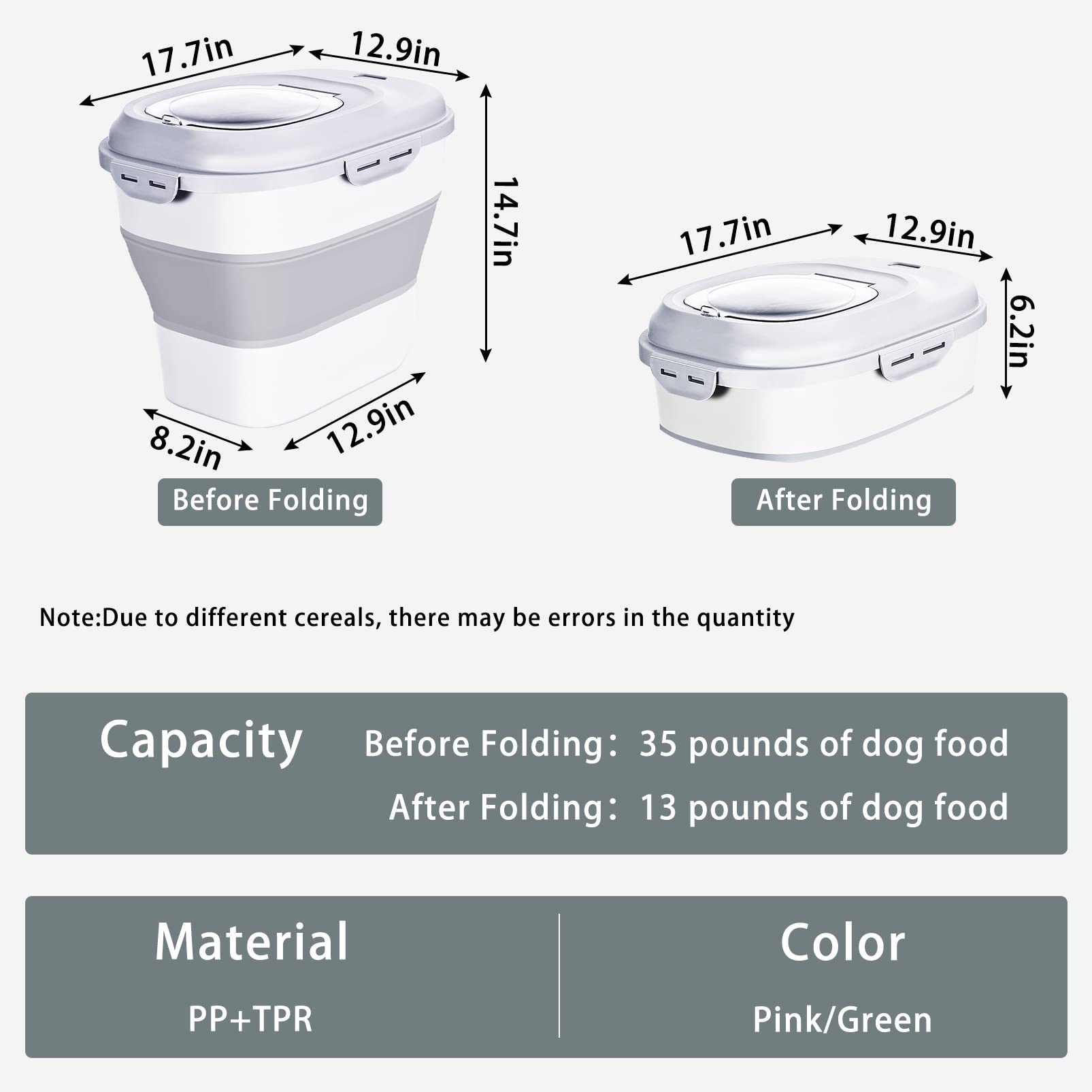 Cereal Rice Food Storage Containers  Collapsible 20 to 50 Lbs Dispenser Bin with Rolling Wheel Airtight Locking Lid  Dog Pet Cat Flour Sugar Plastic Leakproof Sealable Large Kitchen Pantry Holder