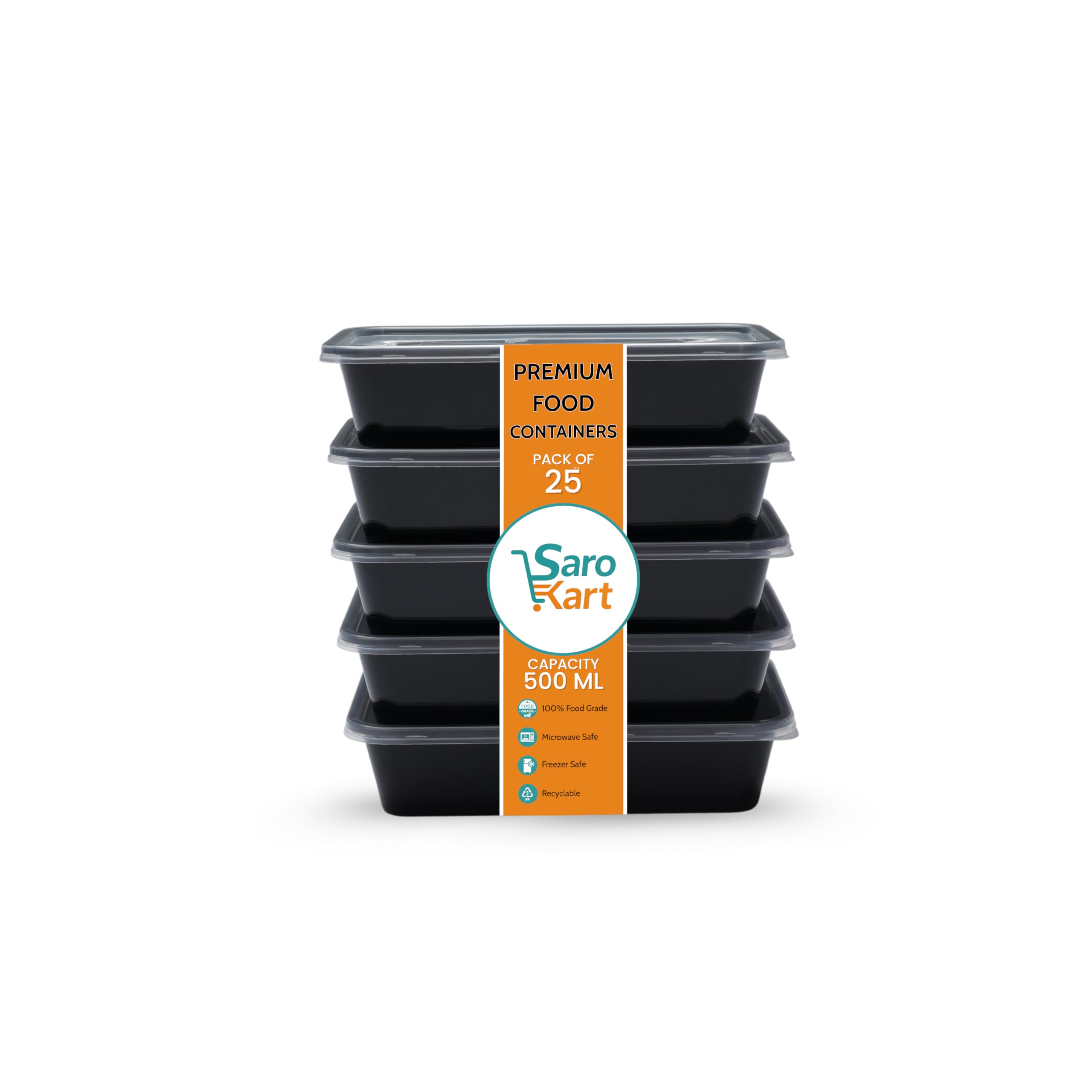 Sarokart Reusable Food Containers, 500 Ml, Rectangle, Pack Of 25