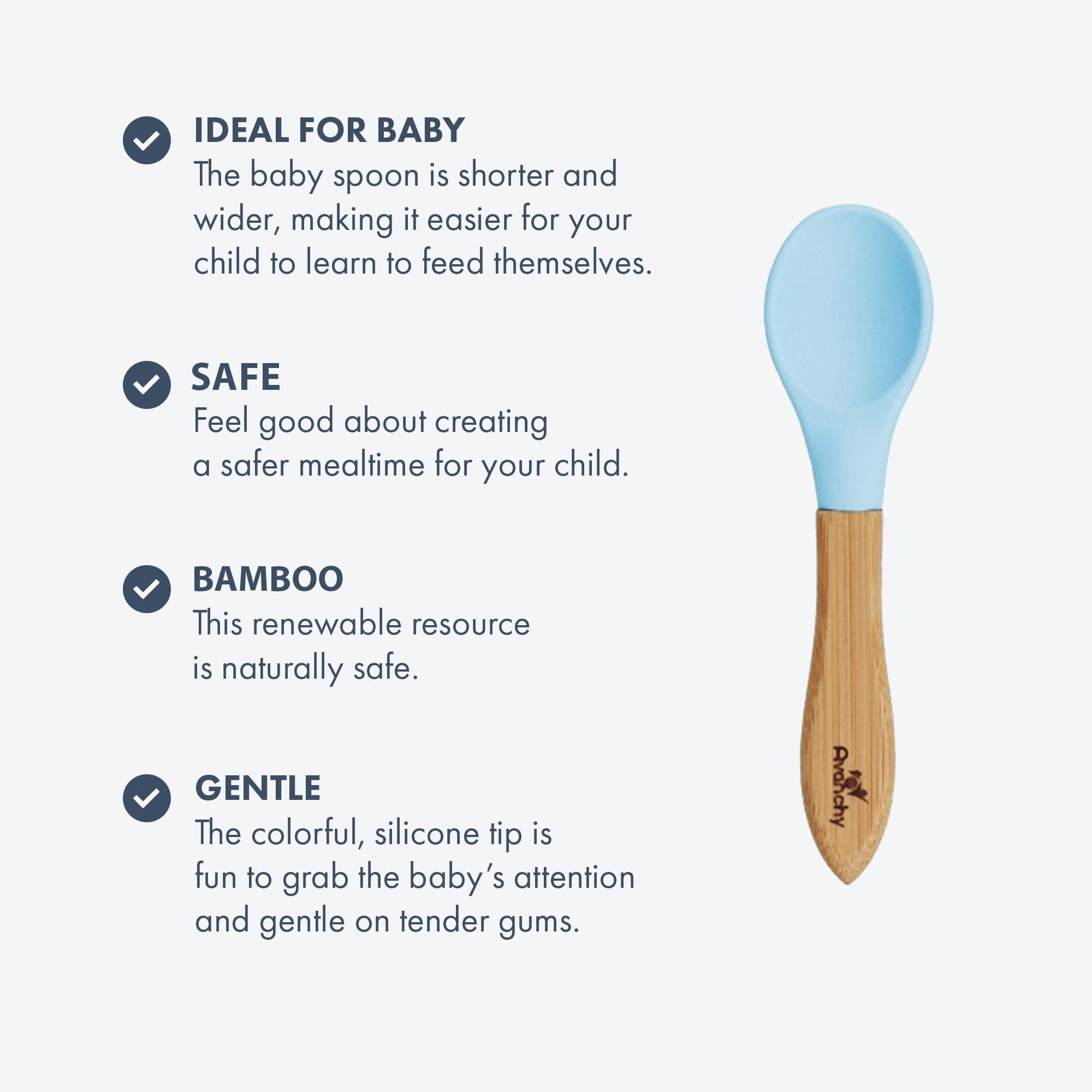 Avanchy Baby Spoons 5 Bamboo and Silicone Set  Self Feeding Food Utensils  4 Months Baby Led Weaning  5 Pack W/Blue