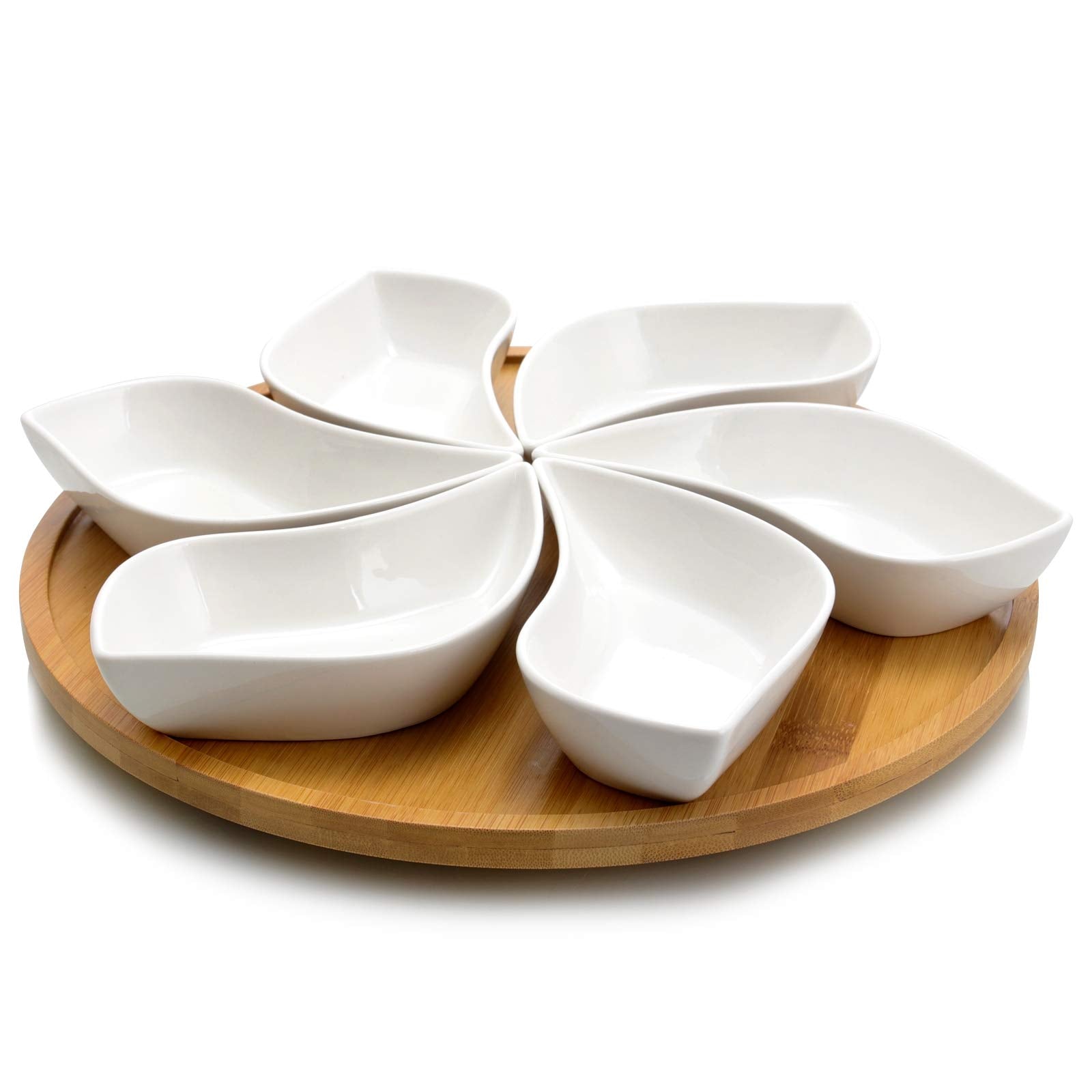 Elama Signature 7 Piece Modern Lazy Susan Appetizer And Condiment Server Set With 6 Unique Design Serving Dishes And A Bamboo La