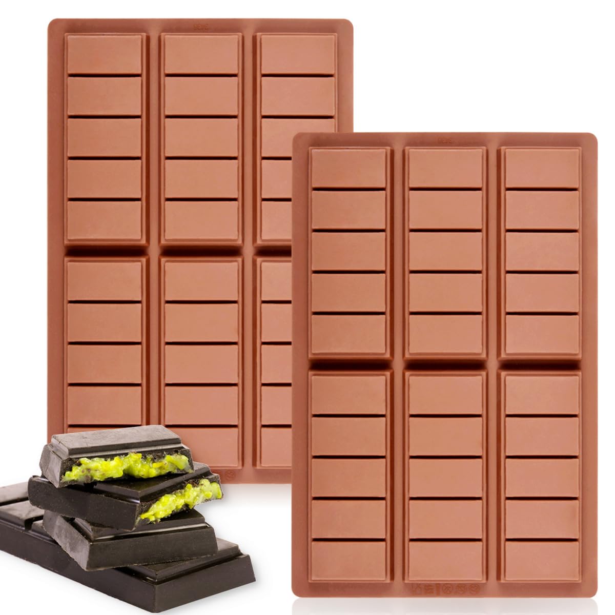 Deep Chocolate Bar Mold, Thick Silicone Chocolate Bar Mold For Stuffed Chocolate Bar, Wax Melt, Candy Bar Mold 2 Pack (5 Snap)