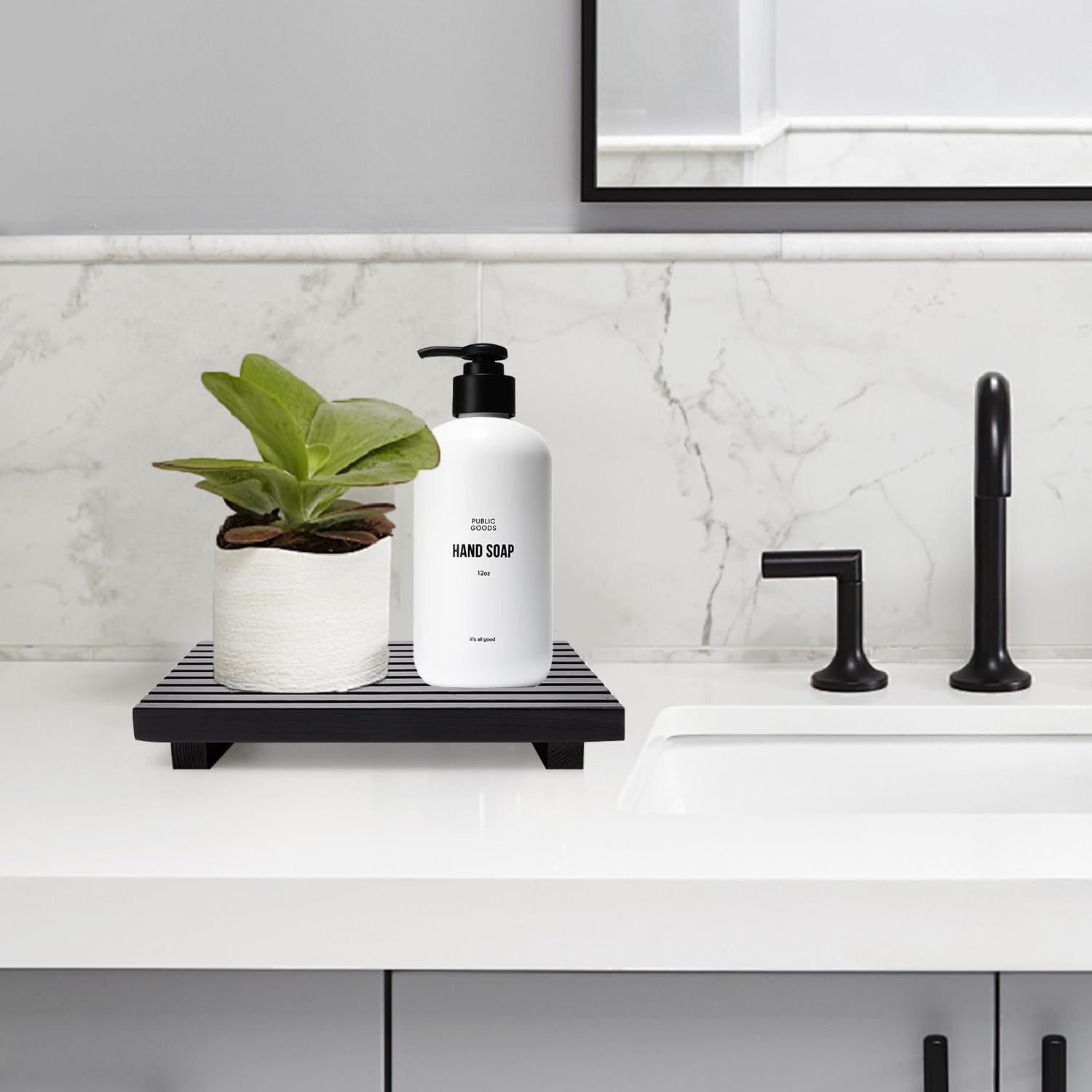 Renawe Black Bathroom Counter Organizer Wooden Display Pedesta Stand Kitchen Countertop Trays Farmhouse Wood Riser Dish Soap Dis
