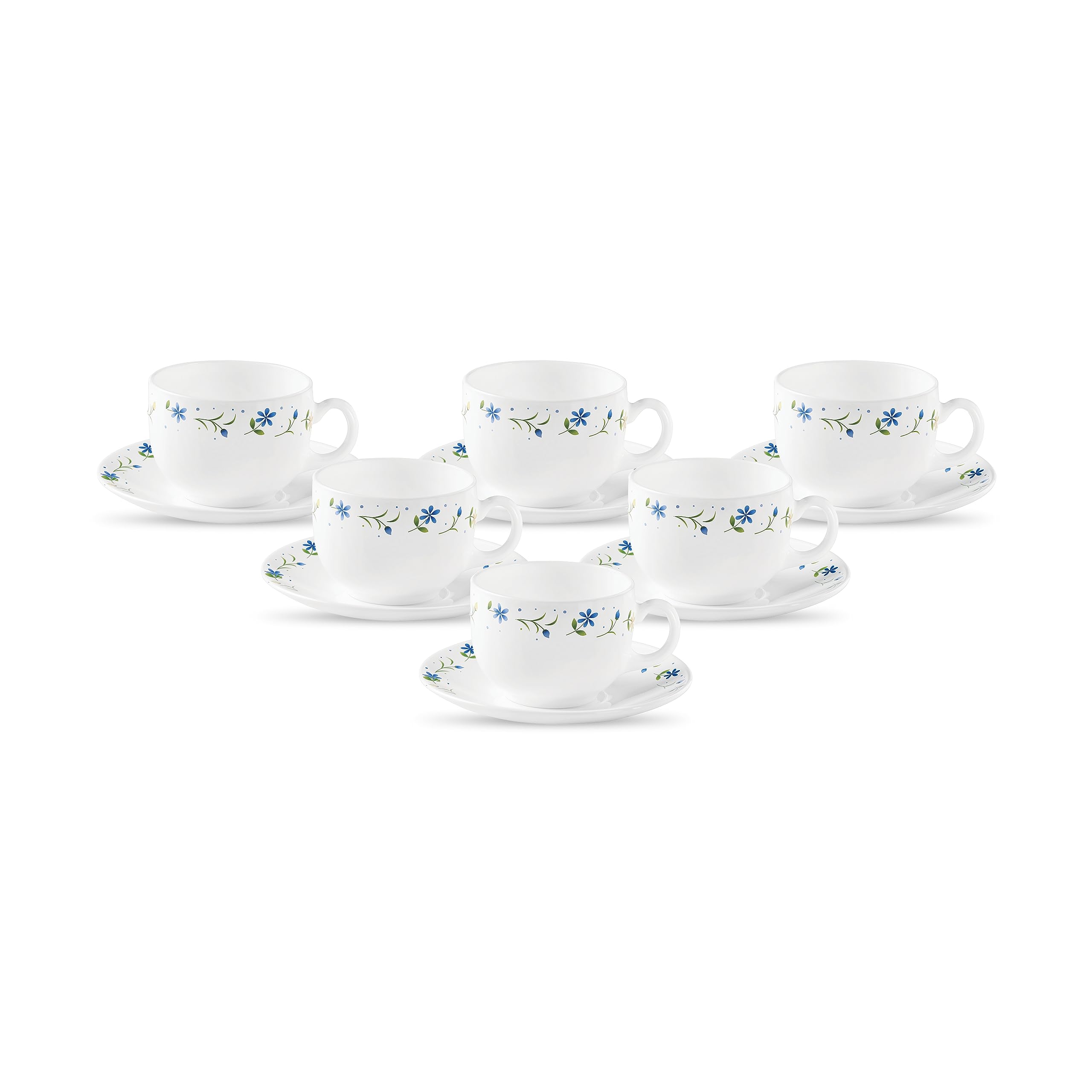 La Opala Diva, Opal Glass Crockery | Cup & Saucer Iris Large, Set Of 12 | Twilight Bouquet, 220 Ml | For Tea & Coffee | Microwav