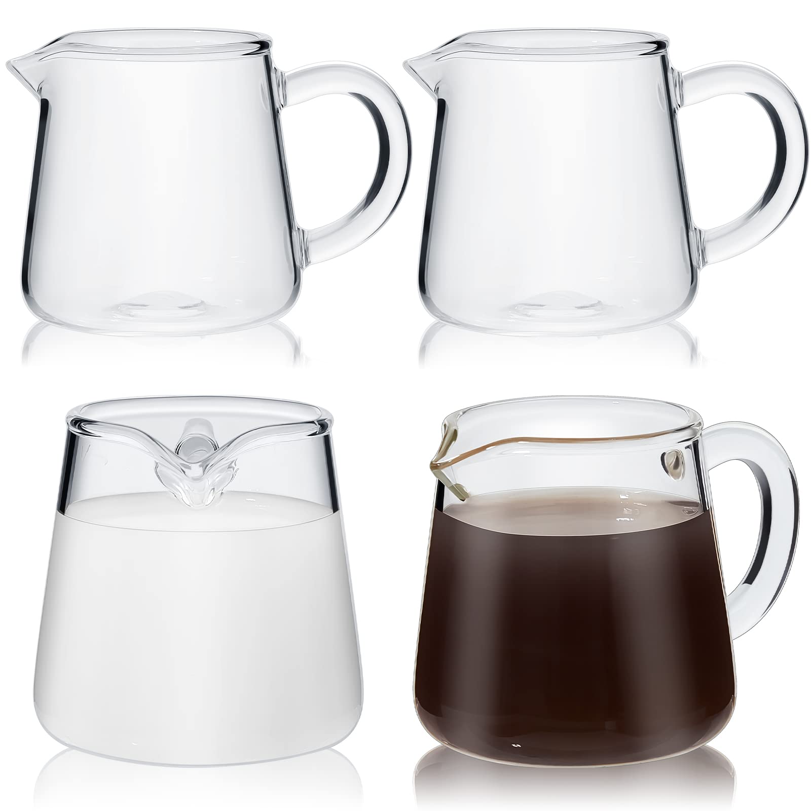 Leinuosen 4 Pcs Small Glass Creamer Pitcher Set Transparent Mini Poured Glass Tea Pitcher, Milk and Coffee Serving Jugs for Tea 