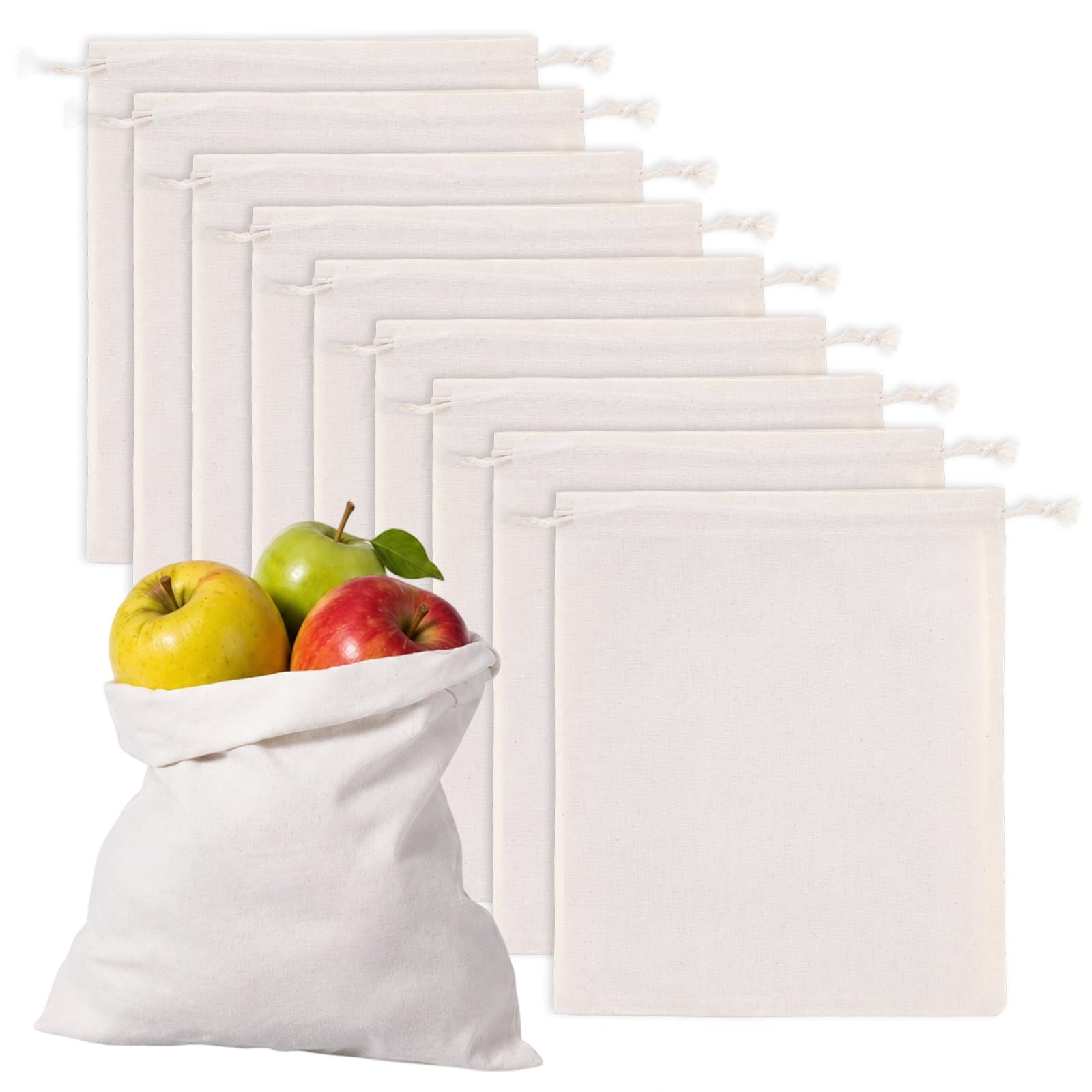 10 Pcs Reusable Produce Bags, 12x10 Natural Linen Bread Bag Muslin Bags with Drawstring, XLarge Washable Fabric Multipurpose 