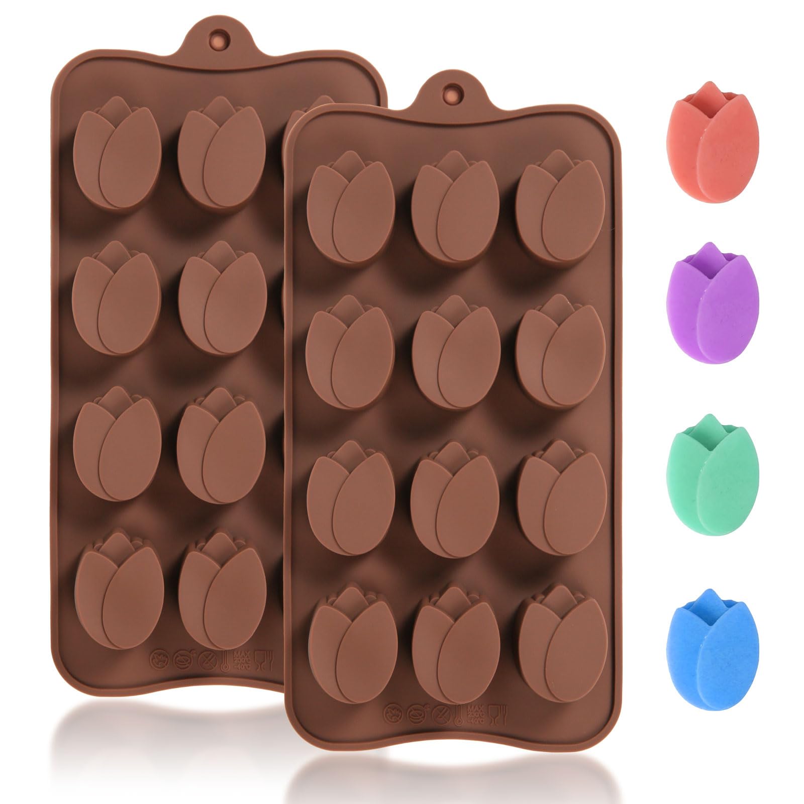 Dacthuw Mini Flower Chocolate Molds, 2 Pcs Silicone Molds with Tulip Shapes for Making Chocolate/Candy/Gummy/Jelly, Food Grade C