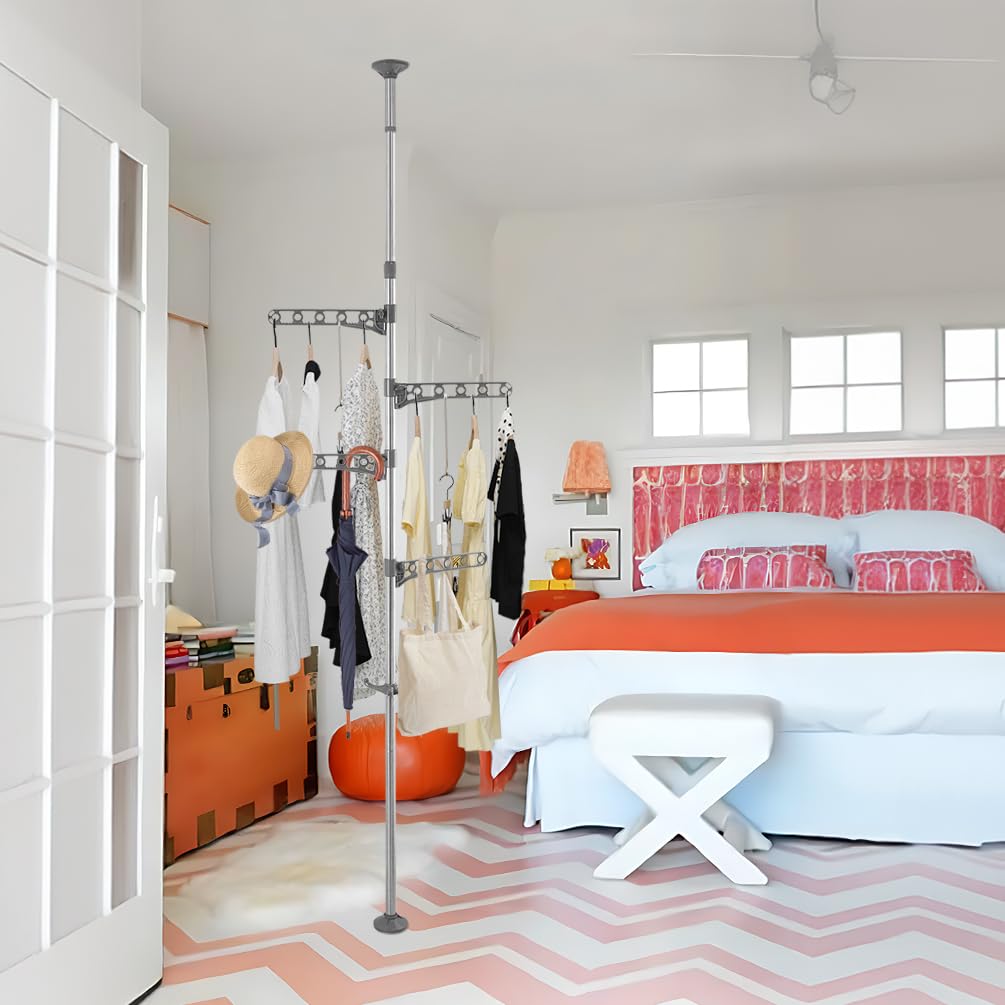 Baoyouni 4-Tier Standing Clothes Laundry Drying Rack Coat Hanger Organizer Floor To Ceiling Adjustable Metal Corner Tension Pole