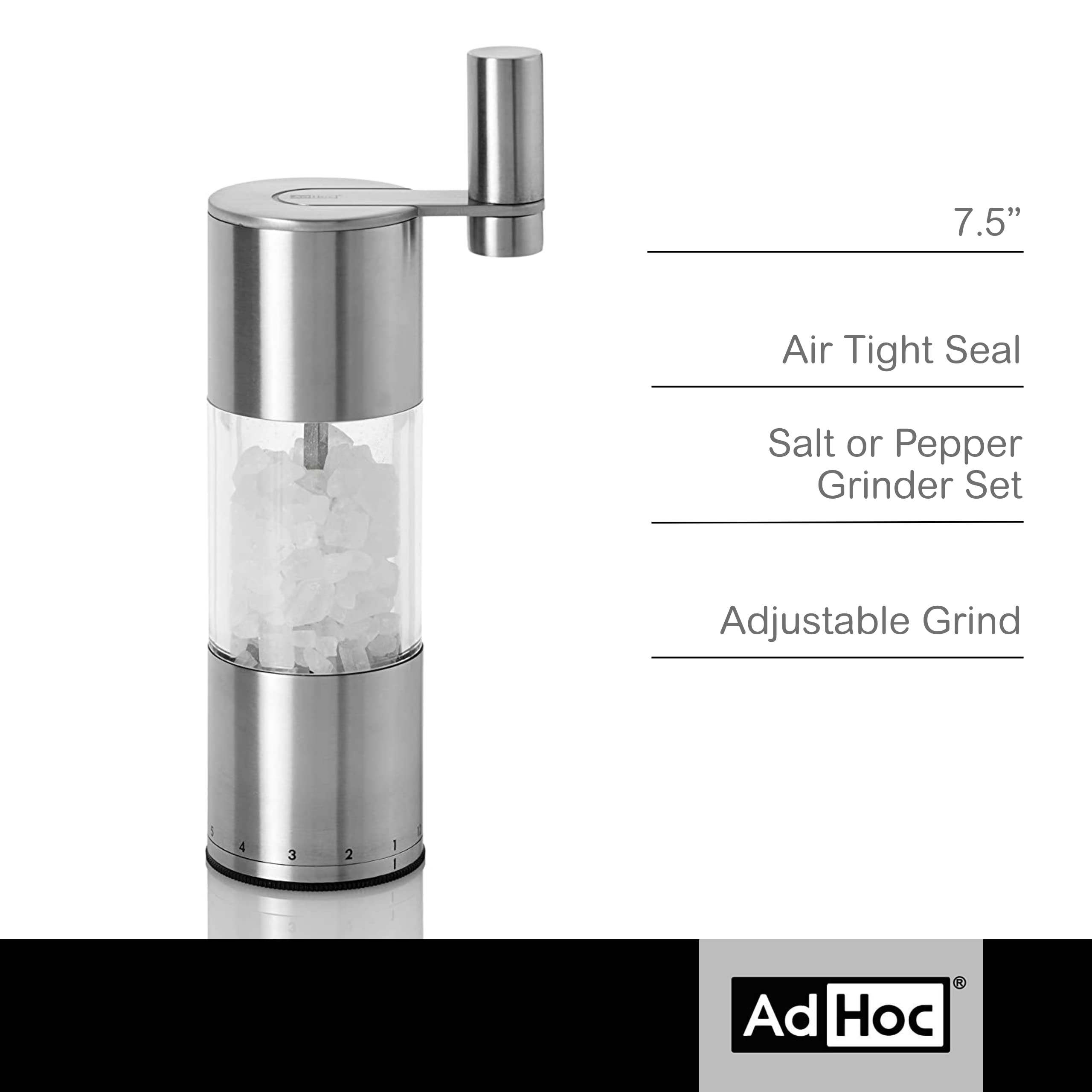 Adhoc Select Salt Or Pepper Grinder - Manual Salt & Pepper Mill With A Gear Crank System - Adjustable Grind Level From Fine To C