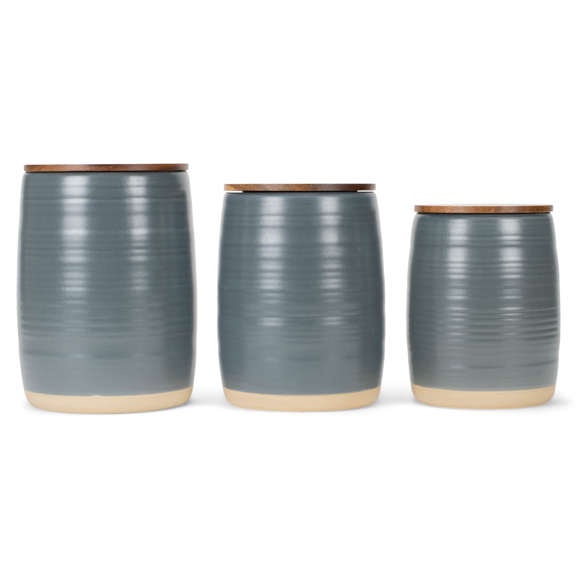 Nat & Jules Lidded Grey 6 Inch Ceramic And Wood Kitchen Canisters Set Of 3