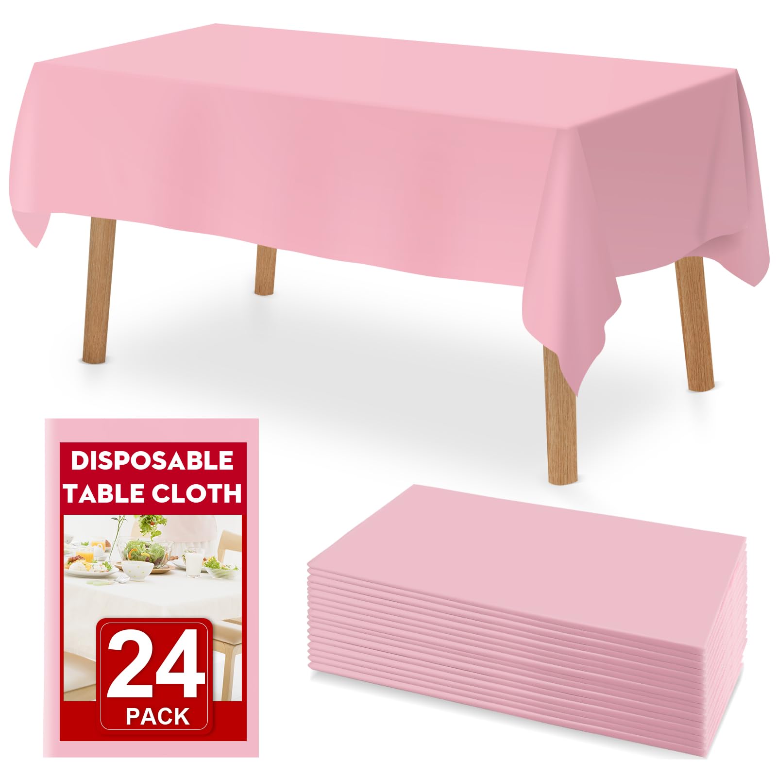 RowinsyDD 24 Pack Pink Plastic Table Cloths Disposable, 54 x 108 Inches Plastic Table Cover for Rectangle Tables, Disposable Tab