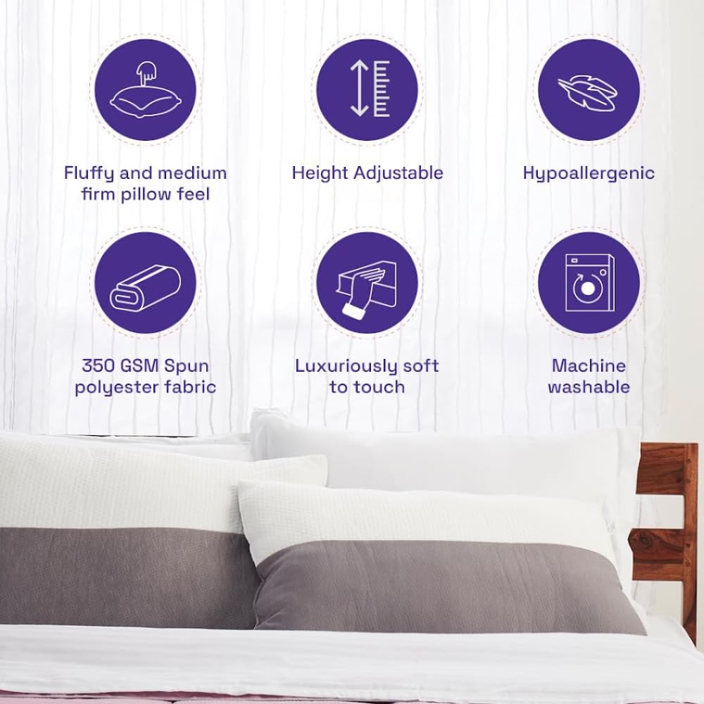 Wakefit Height Adjustable Hollow Fibre Sleeping Pillow with Zip | Set of 4 (White and Grey, 36 X 20 Inch) 3 Months Warranty - Ho