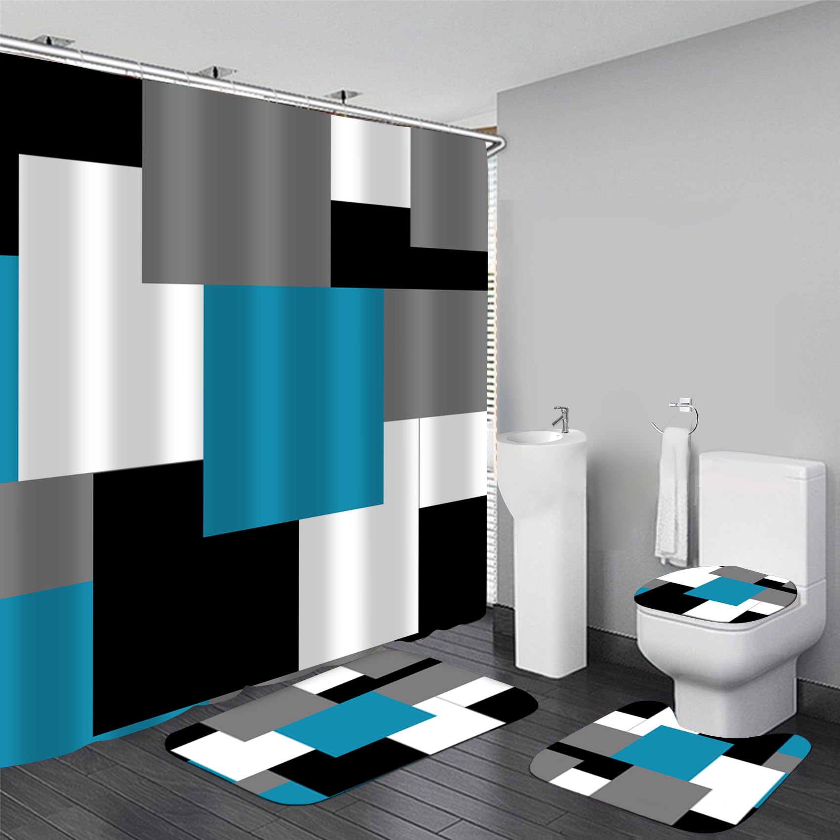 Yizheer Geometric Blue Shower Curtain Sets with Non-Slip Rugs Toilet Lid Cover and Bath Mat  Black and Gray Bathroom Decor Set Accessories Waterproof Shower Curtains