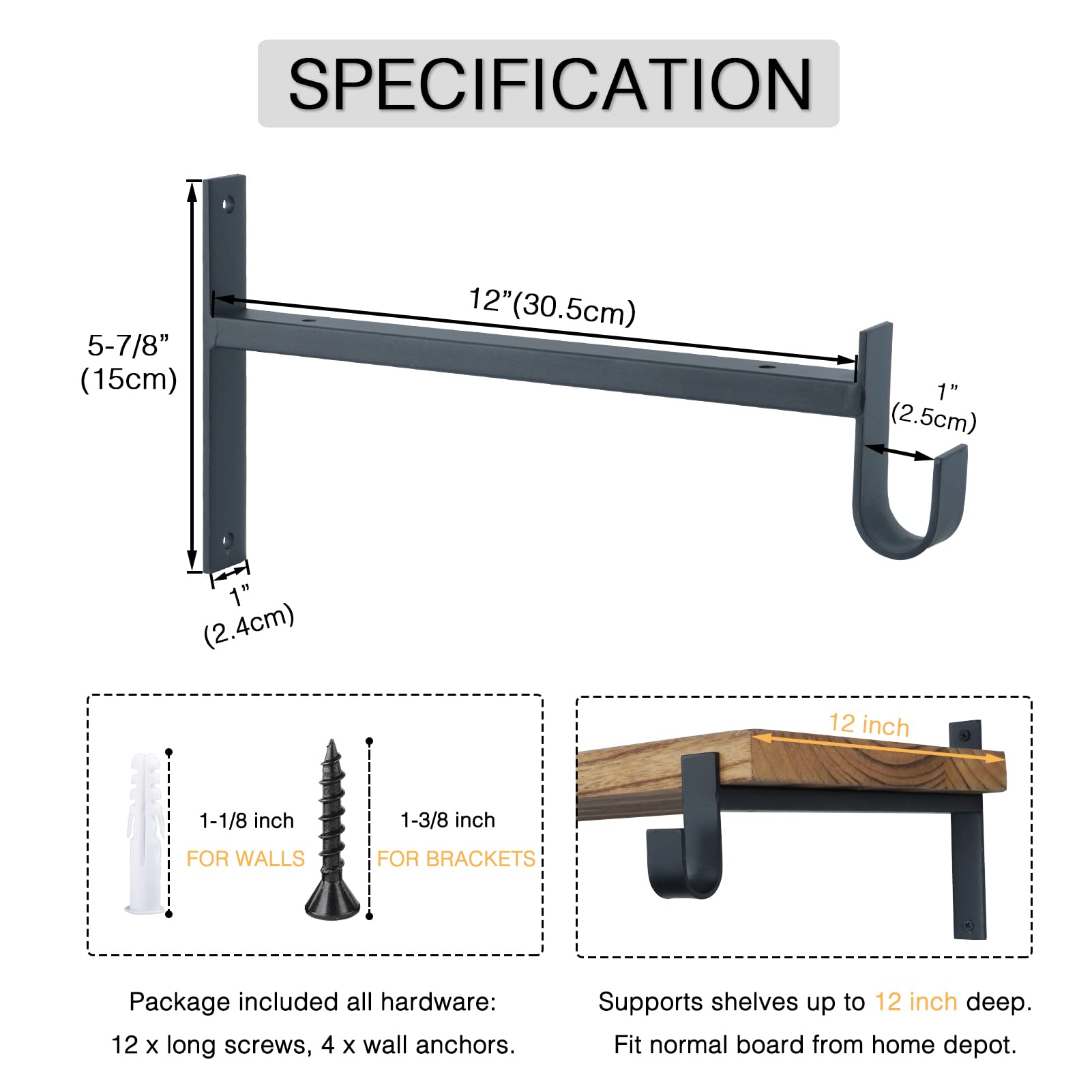 Ovov Shelf Bracket With Rod Holder 2 Pack Closet Shelf & Rod Brackets 12 Inch Black Heavy Duty Closet Rod Bracket