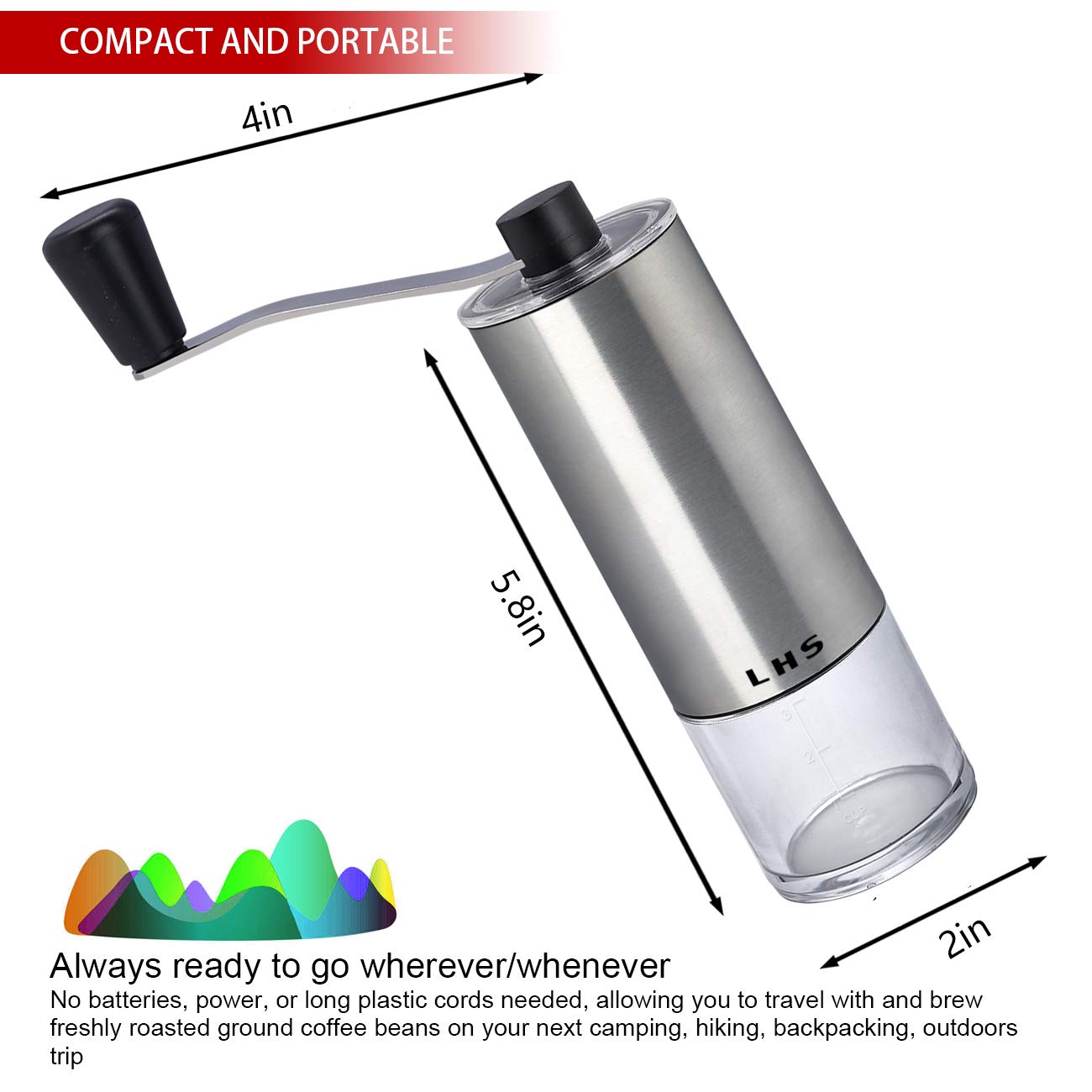 Lhs Manual Coffee Grinder With Ceramic Conical Burr Stainless Steel Hand Crank Mill For Drip Coffee, Espresso, French Press, Tur