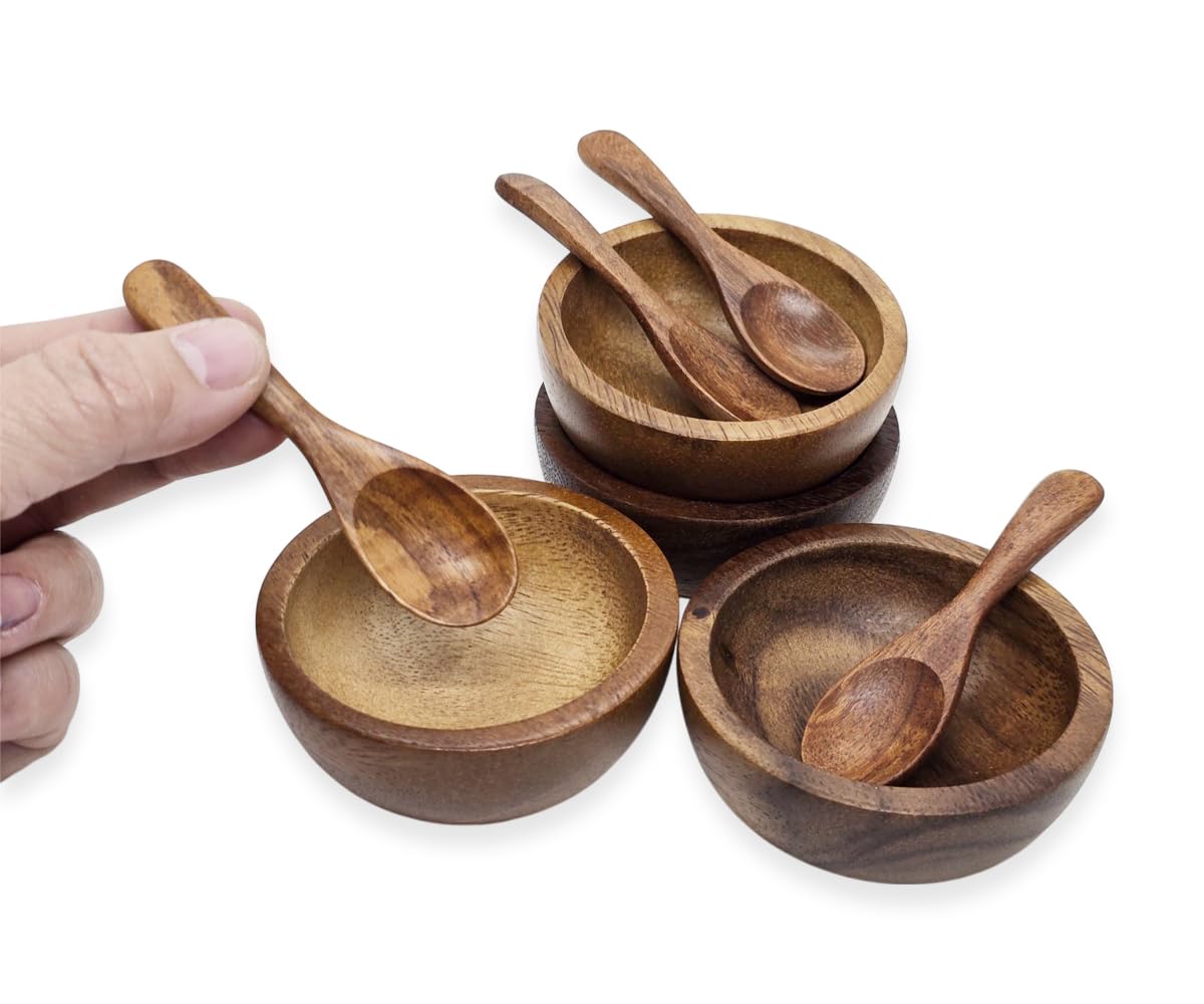 Bestysuperstore Small Round Wood Bowls 4 Pcs 4 '' Diameter Stackable Acacia Wooden Bowl Set With 4 Spoons For Serving Salad Sals