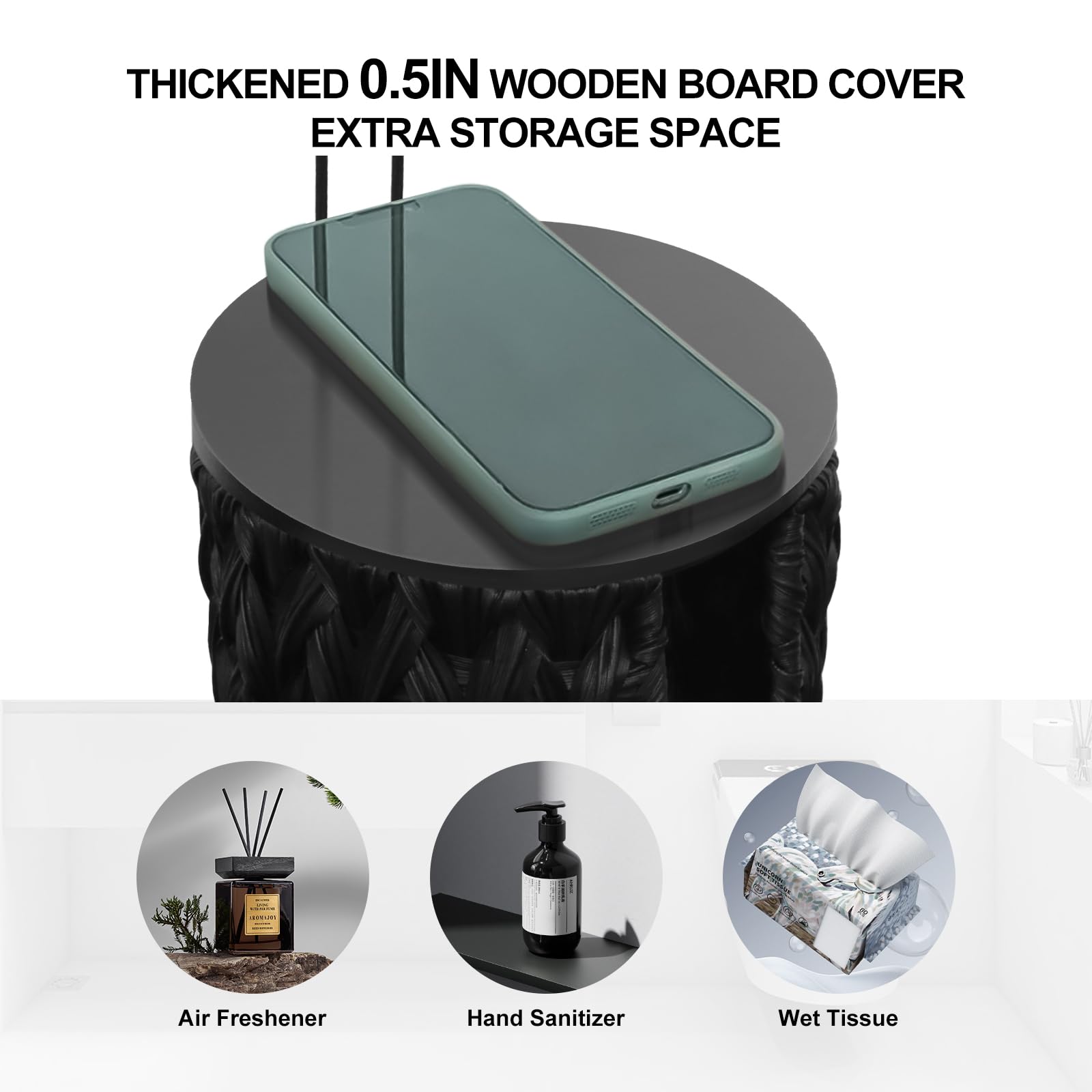Coeusy Black Toilet Paper Holder Stand With Shelf,Wicker Toilet Paper Storage With Wooden Lid,4 Rolls Of Tissue Holder For Bathr