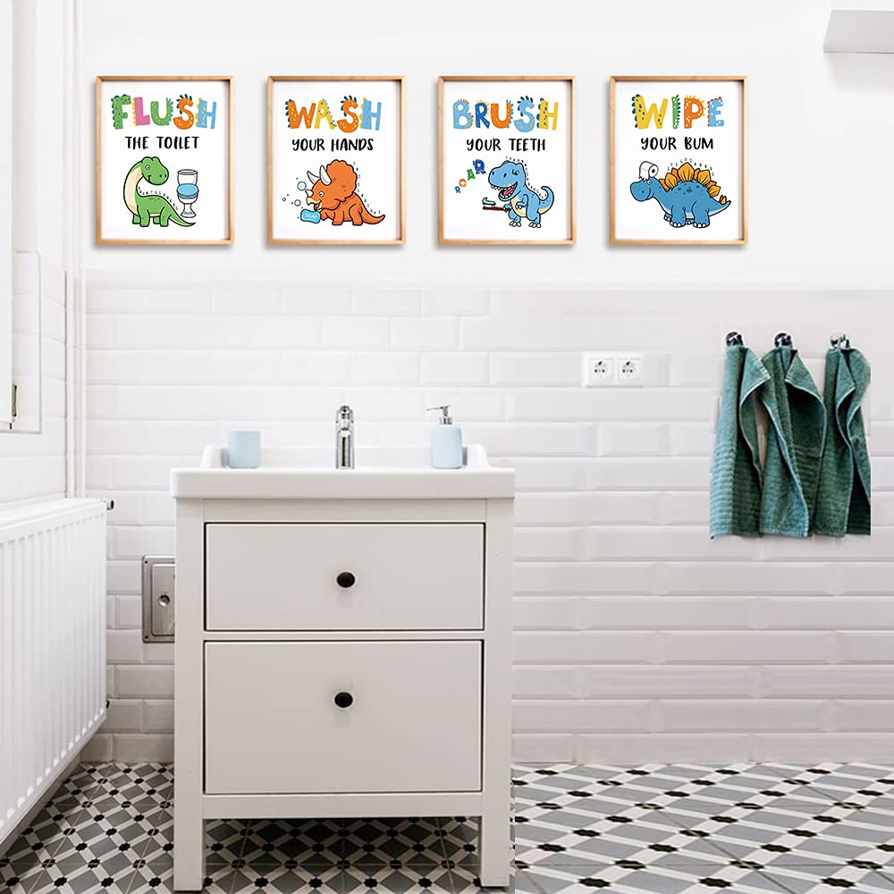 Dinosaur Bathroom Decor, Funny Dinosaur Themed Bathroom Inspirational Quotes Art Print Humorous Quotes Painting, Set Of 4 (8   X