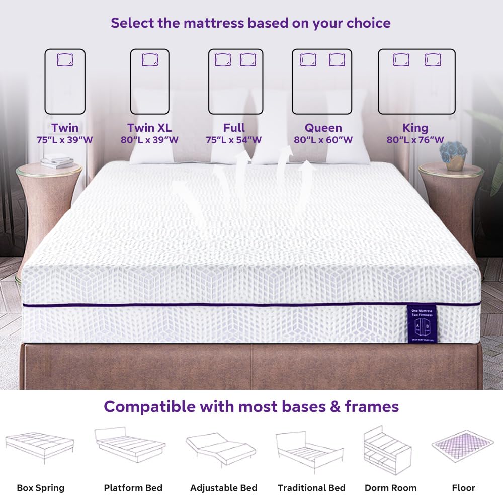 Gelsea Lavender Soft & Firm Dual Sides Flippable Mattress 10 Inch Queen Mattress,Gel Infused Memory Foam Mattress,Bamboo Charcoa