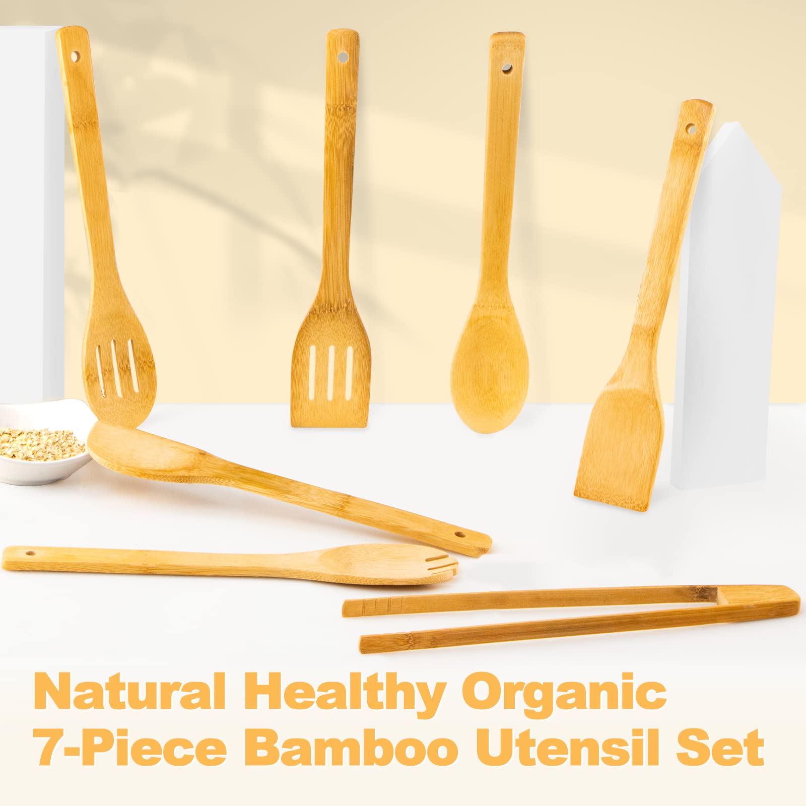 Wooden Spoons For Cooking 7-Piece, Kitchen Nonstick Bamboo Cooking Utensils Set, Durable And Healthy Bamboo Wooden Spatula Spoon