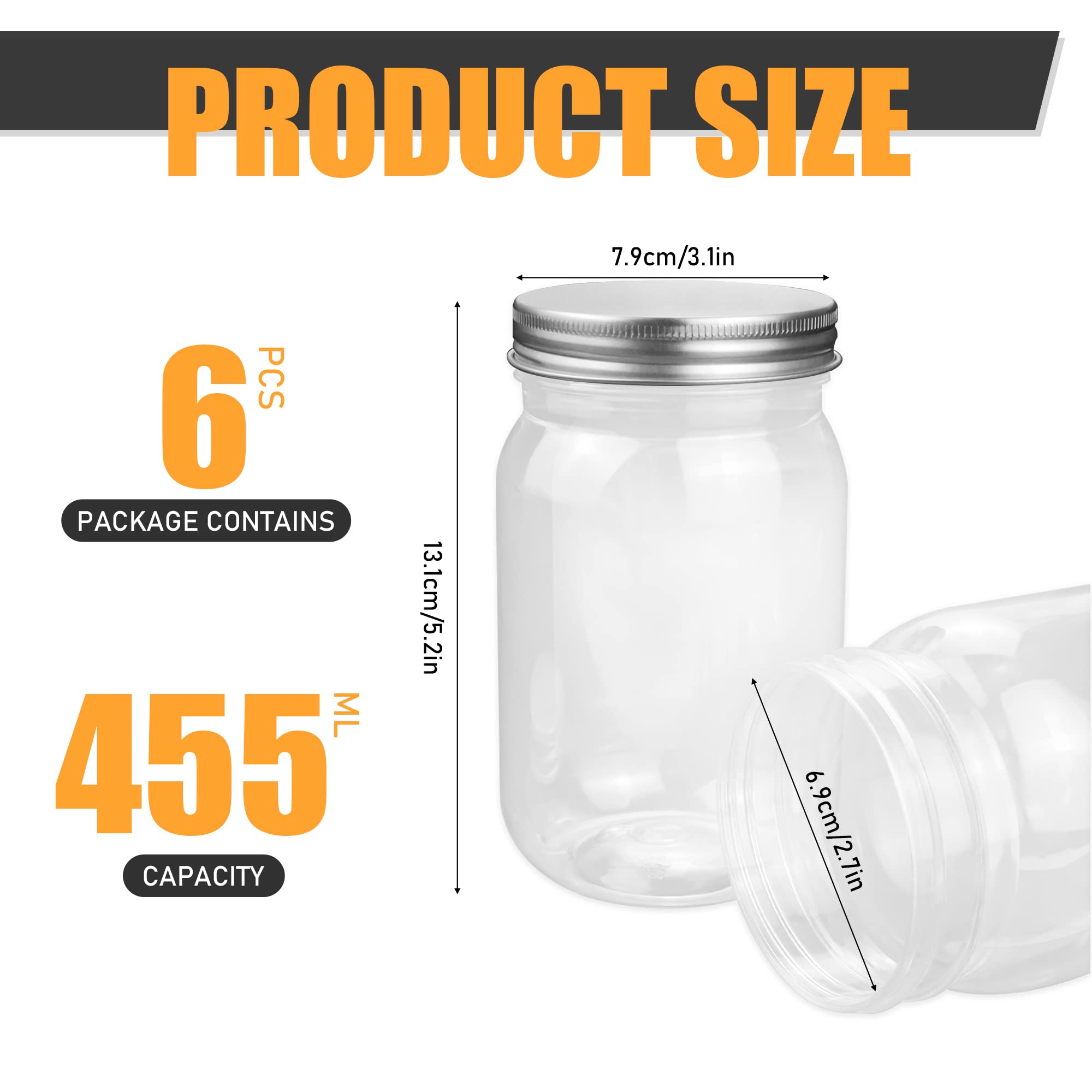 Fireboomoon 6 Pack 16 Ounce Clear Plastic Mason Jars Containers With Screw Sealing Metal Tinplate Lids Refillable Empty PET Plastic Slime Candy Storage Jars Containers for Home Kitchen Art Craft