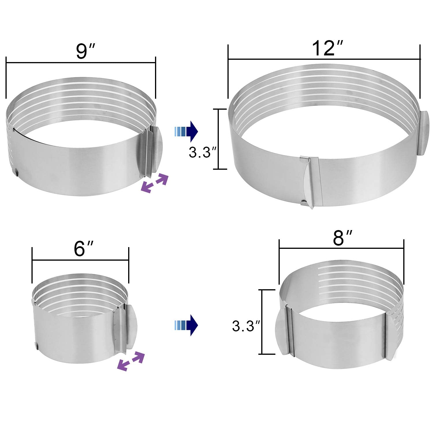 Keileoho Layer Cake Slicer Set, 2 Pcs Stainless Steel Adjustable 7 Layered Bread Cutter Ring With Respective Diameter Of 6-8 Inc