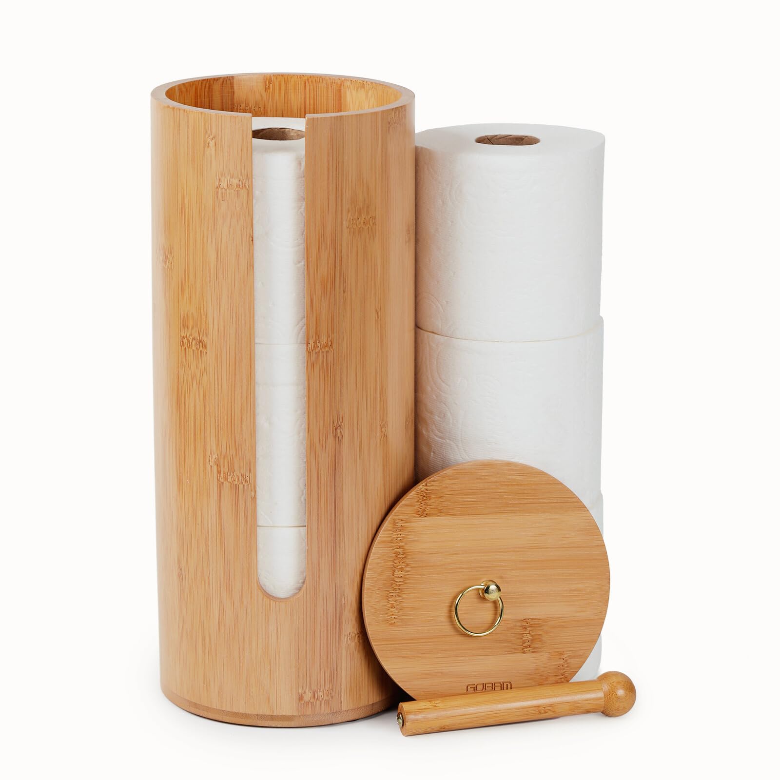 Gobam Bamboo Toilet Paper Storage with Dual-Use Lid, Freestanding Bathroom Tissue Organizer with Viewing Slot, Built-In Handle, 
