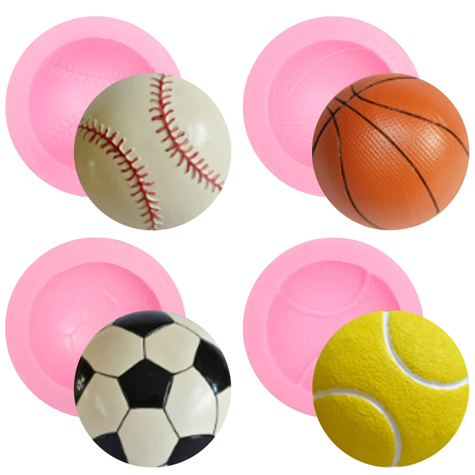 Football Silicone Mold 4 Pcs, Baseball Basketball Tennis Chocolate Fondant Mold For Cake Decoration, Candy Sugar, Cupcake Topper
