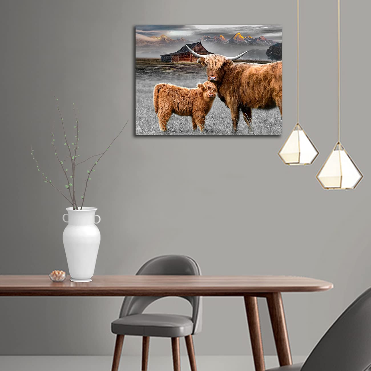 Rinsiken Highland Cattle Wall Art With Long Horns Picture - Highland Cow Print On Canvas Painting 12X16 Inches Artwork For Home