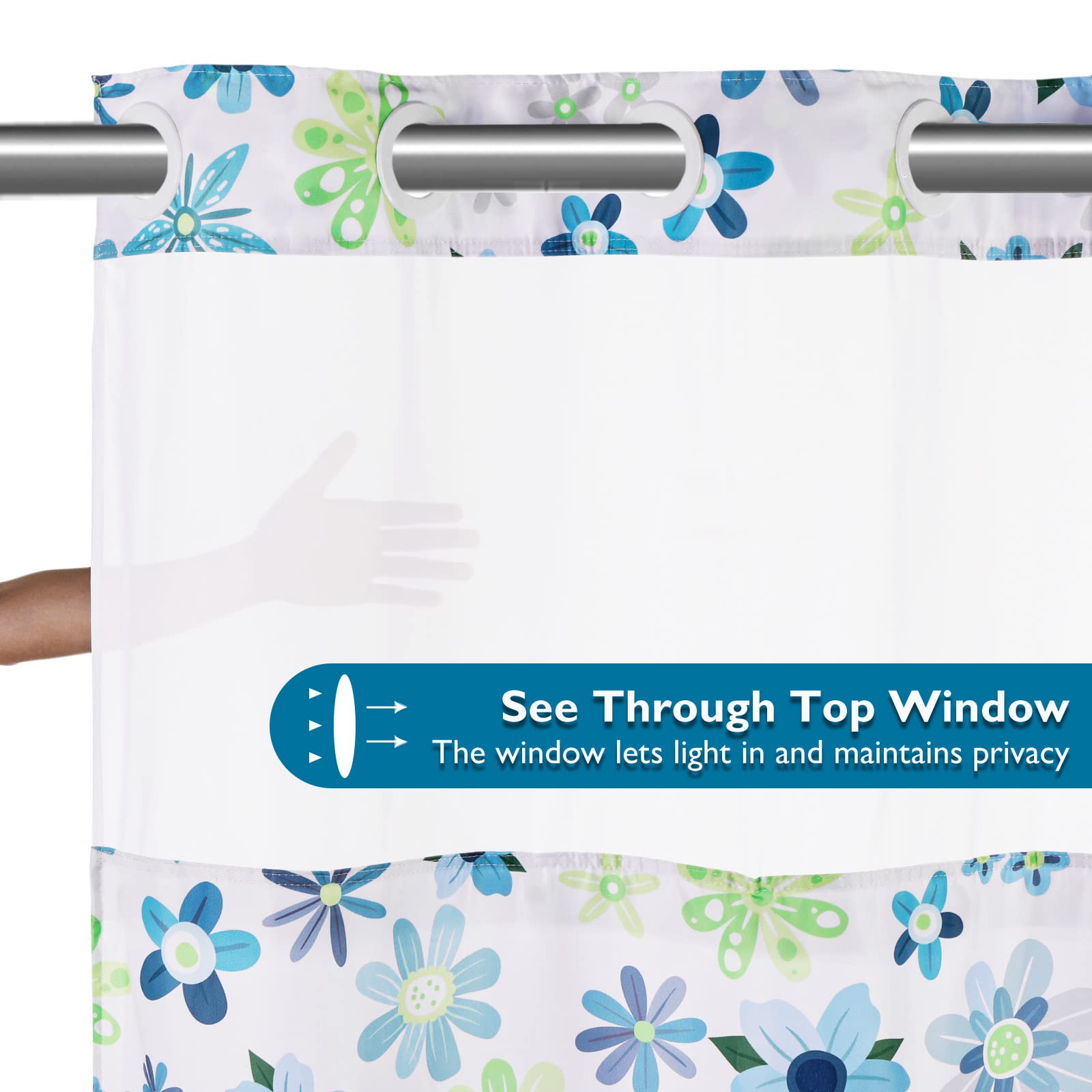 Lagute Snaphook Hook Free Fabric Floral Shower Curtain For Modern Bathroom With Snap-In Liner & See Through Top Window, Machine