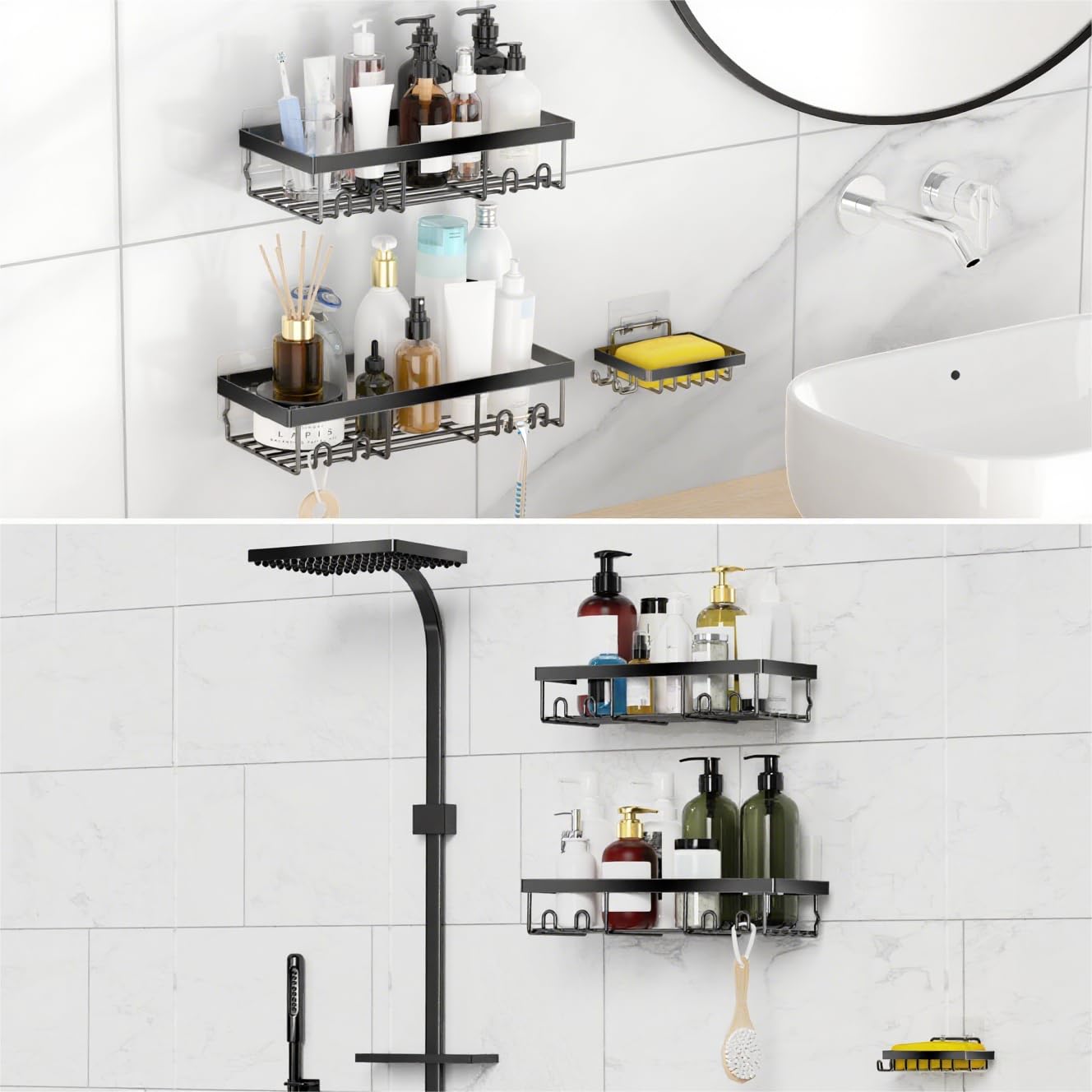 Moforoco Shower Caddy Basket Shelf with Soap Holder  No Drilling Traceless Adhesive Shower Wall Shelves  Rustproof Bathroom Shower Storage Organizer