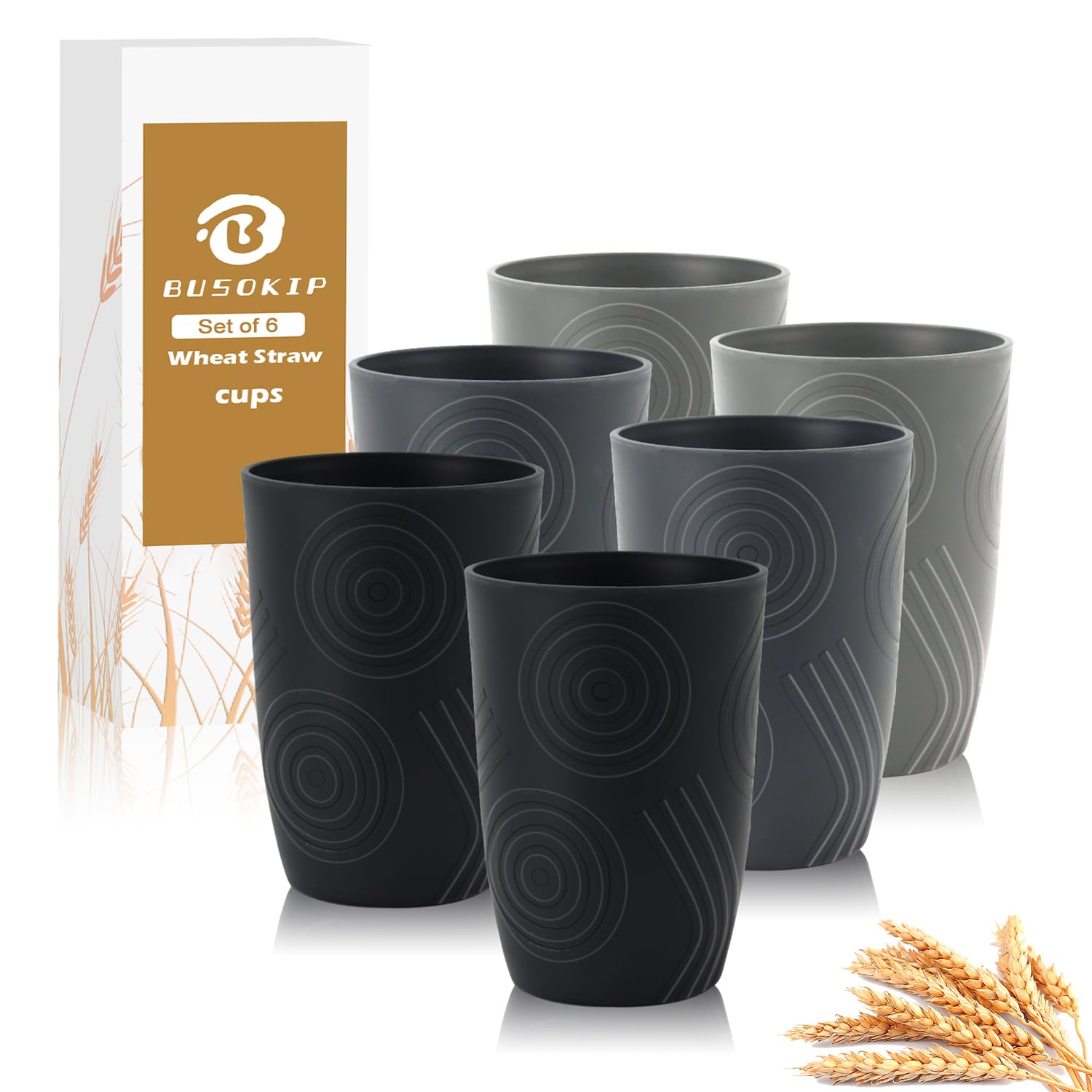 BUSOKIP 6 Pack Wheat Straw Cups 12 oz, Plastic Cups Reusable Drinking Glasses, Small Kids Cup, Unbreakable Water Tumblers Set Ki