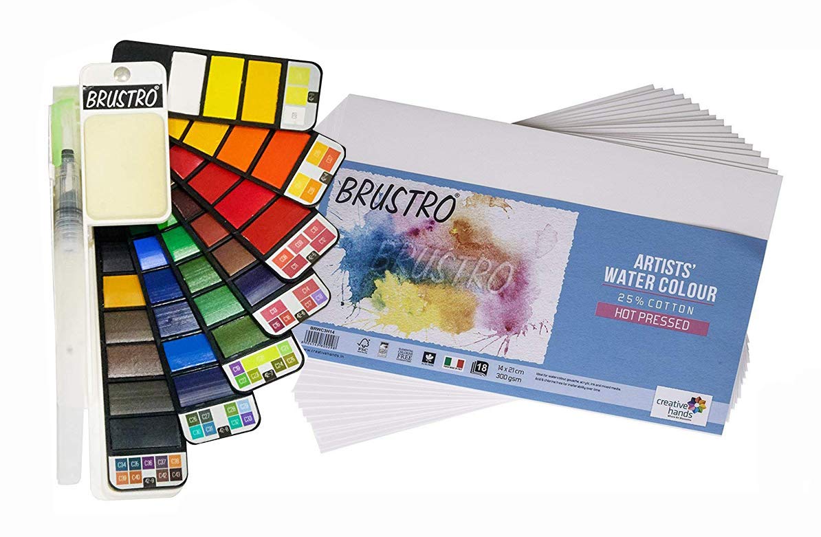 Brustro Artists Watercolour Pan (Set Of 42) With Watercolor Paper,300 Gsm,14 X 21 Cm 25% Cotton,Hot Pressed,18 Sheets|Ideal For 