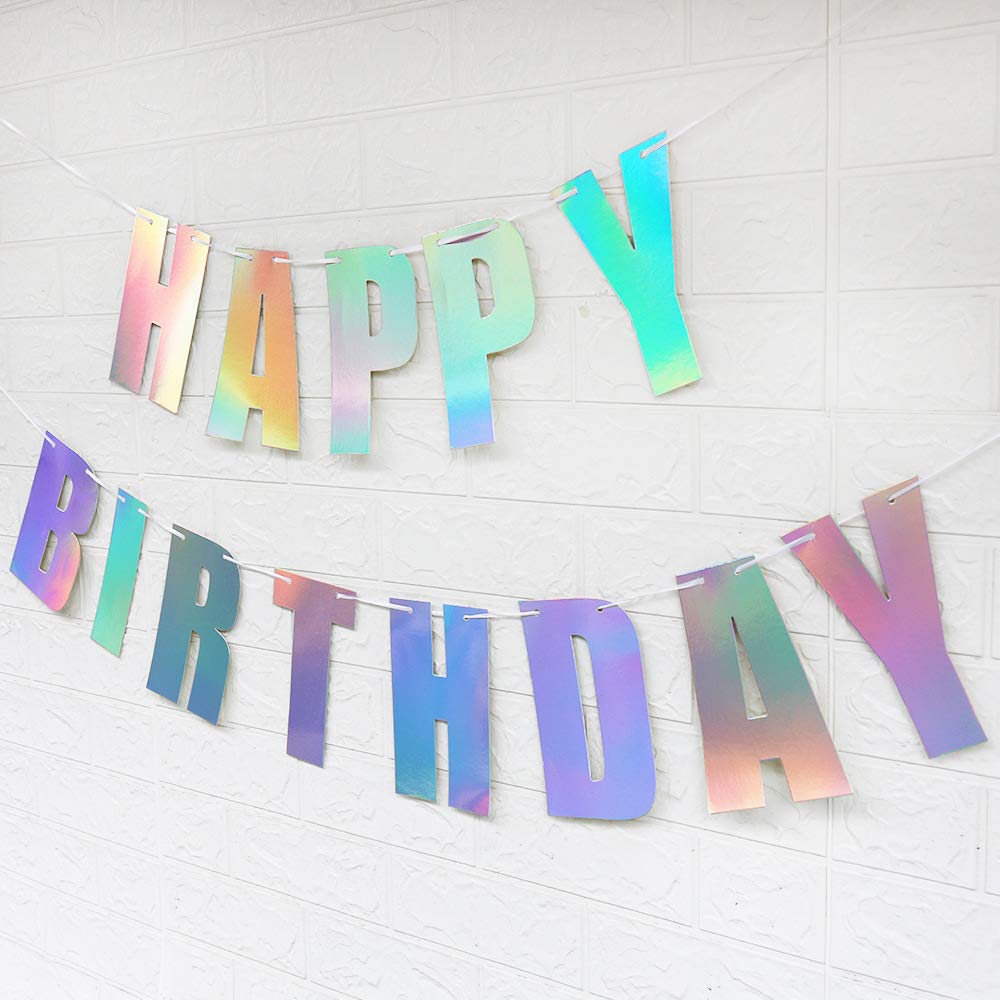 Pre-Strung Holographic Happy Birthday Banner - No Diy - Iridescent White Hanging Bunting Garland Party Decorations