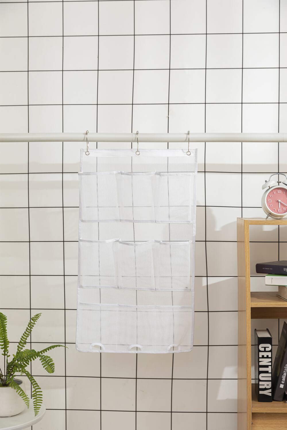 Alyer 9 Pockets Big Mesh Shower Caddy Hanging Bathroom Storage Organizer With 3 Rings (White)
