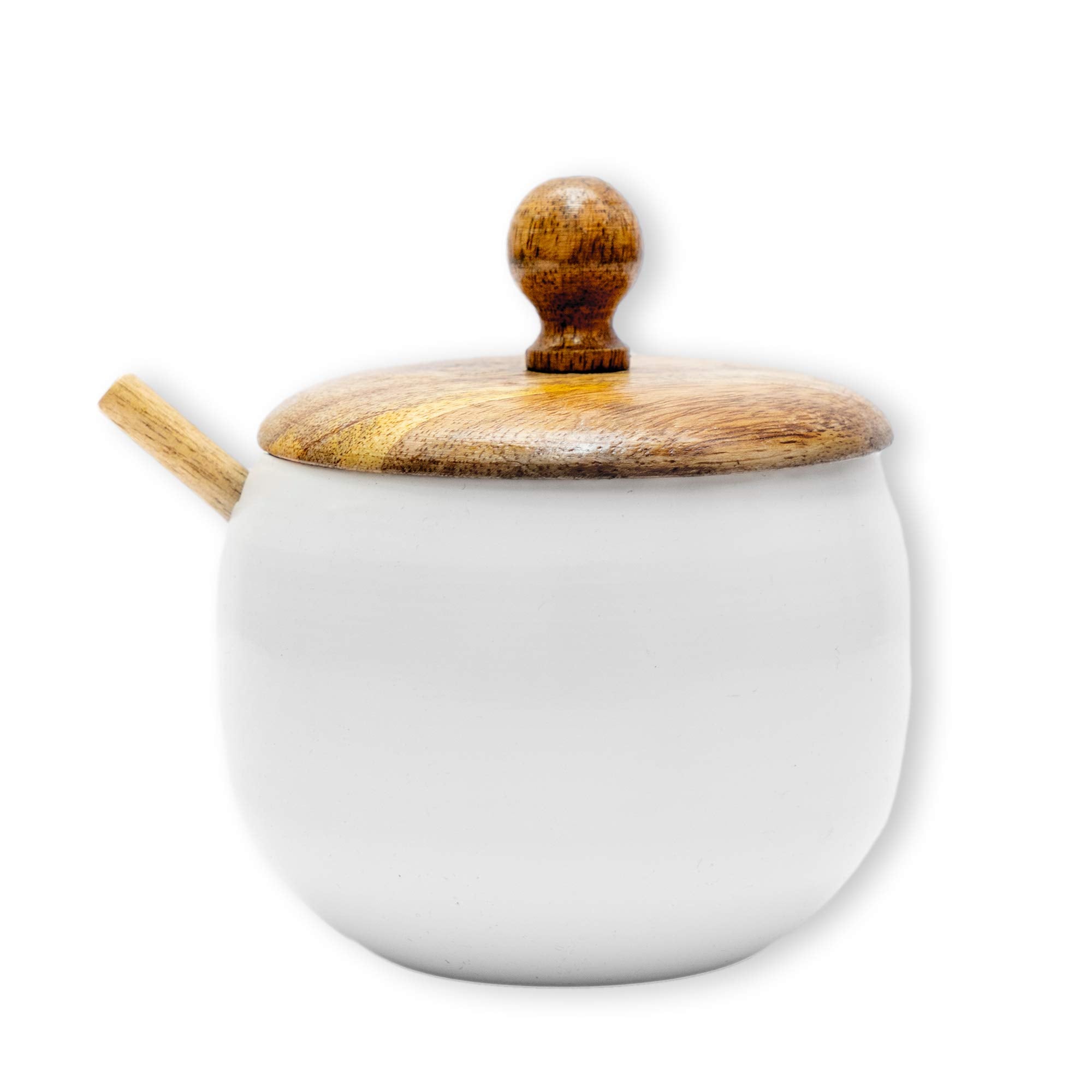 Gocraft Sugar Bowl With Wooden Lid And Spoon For Home And Kitchen, Drum Shape (Shiny White Finish)