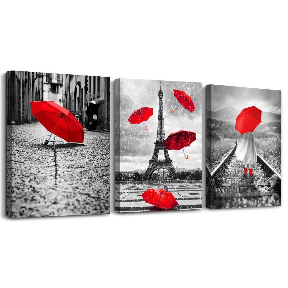 Black And White Landscape Eiffel Tower 3 Piece Wall Art For Living Room Bathroom Decorations Kitchen Wall Decor Modern Red Umbre