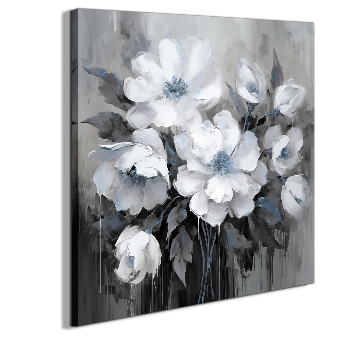 Bathroom Wall Art,Flower Wall Art,Canvas Wall Art,Wall Art Gray And White And Blue Flower Wall Art-Floral Canvas Wall Art, Bedro