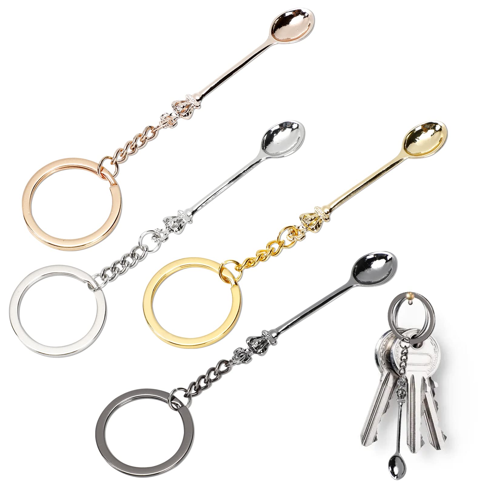 Meisuitd 4Pcs Mini Crown Spoon Keychain Pendant Necklace, Mini Spoon Teaspoon With King Queen Crown Pendant Key Ring For Filling