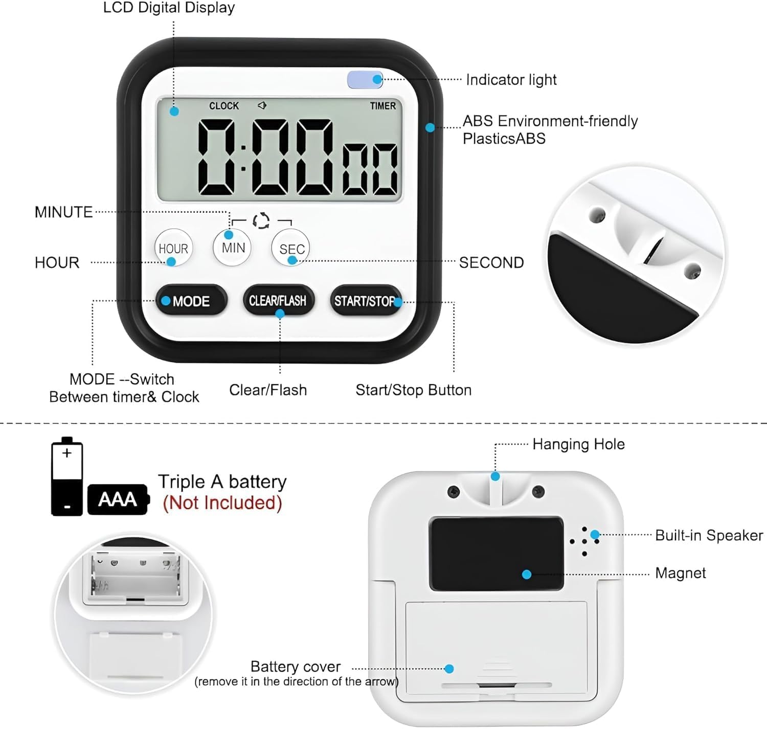 Aerys Digital Kitchen Timer And Stopwatch, Large Lcd Display, 24-Hour Countdown, Loud Alarm, Magnetic Back, Retractable Stand, F