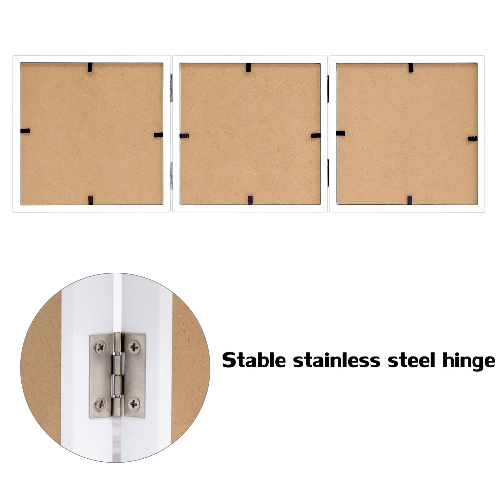 3 Picture Frame 5x5 White Triple Hinged MDF Wood with Glass Front Three Opening Photo Frame Stand Vertical on Tabletop
