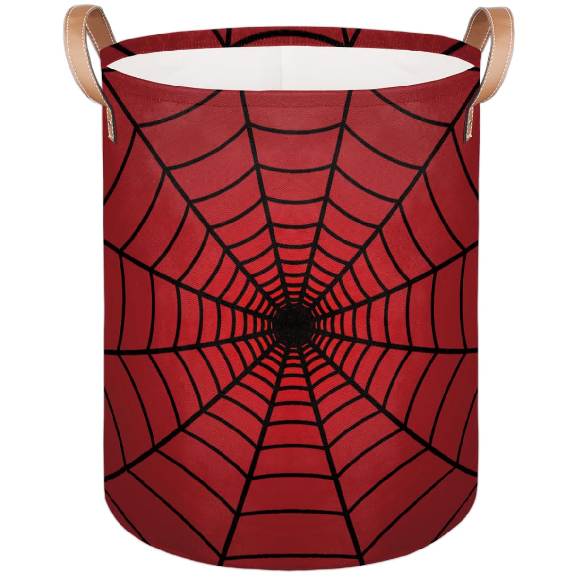 Large Laundry Hamper Basket Red Spider Web Round Freestanding Clothes Basket, Collapsible Storage Organizer Bin With Leather Han