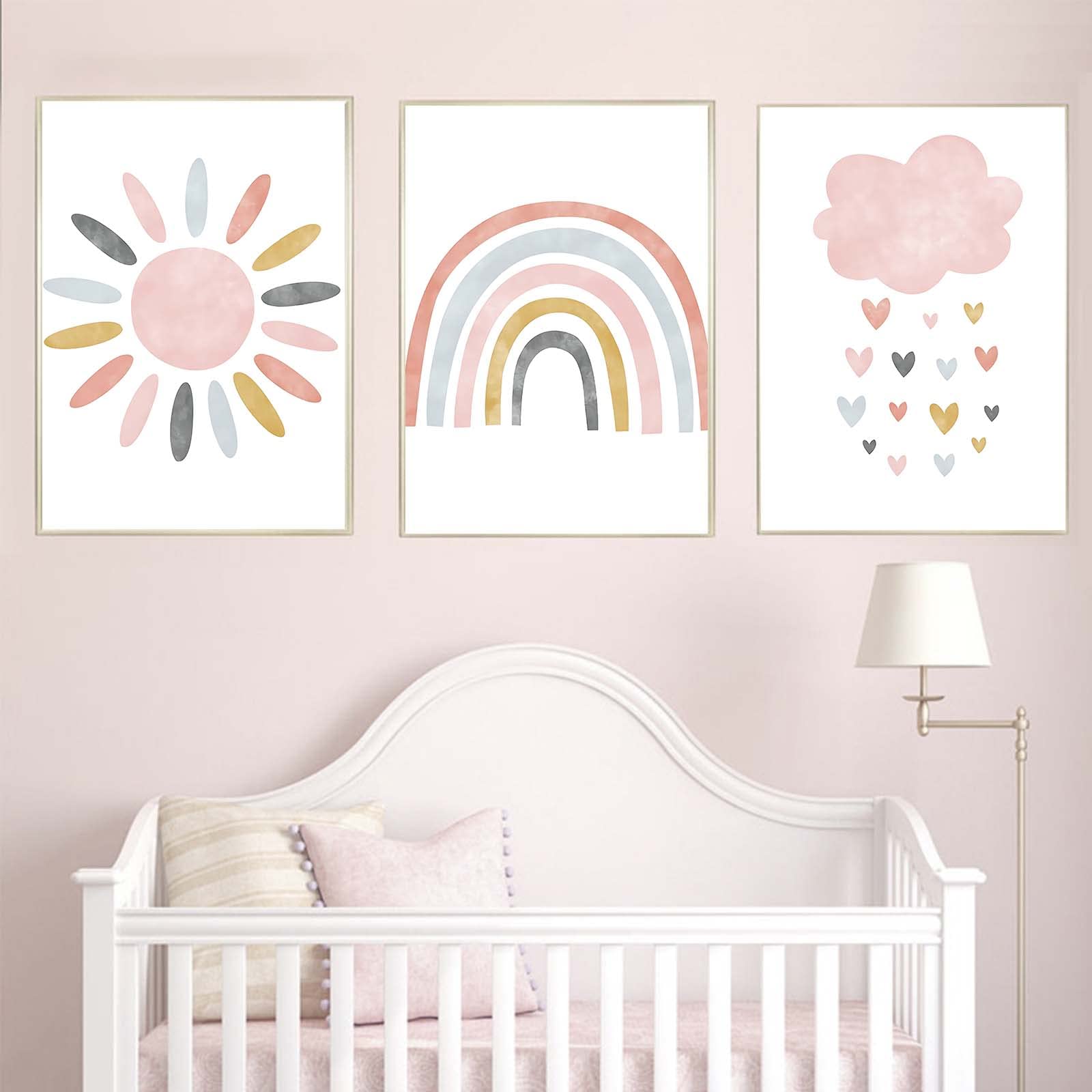 Recrtain Nursery Wall Prints Pink Sunshine Rainbow Cloud Canvas Wall Art, Child Wall Art Poster Boho Nordic Wall Pictures For Gi