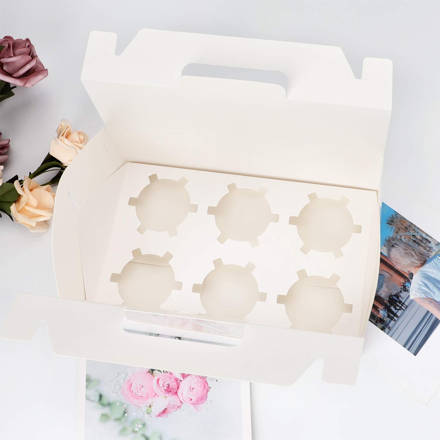 EUSOAR Cupcake Boxes with Holders  50pcs 9.3'' x 5.9'' x 3.5'' Cupcake Carrier with Handle Insert Display Window  Party Favor Bakery To Go Cupcake Muffin Carry Boxes Container Fits 6 Cupcakes or Muffins