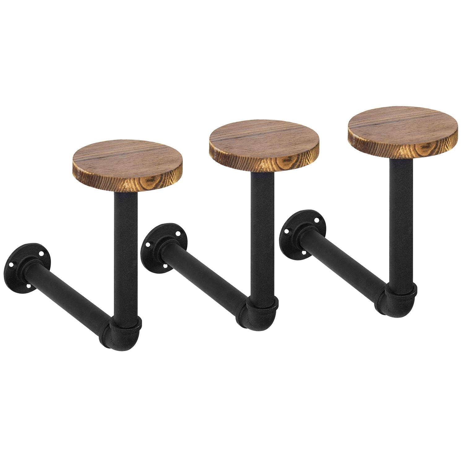 MyGift Set of 3 Wall Mounted Hat Rack Holder with Realistic Black Metal Pipe and Brown Wood, Hanging Entryway Hat Hooks and Wig