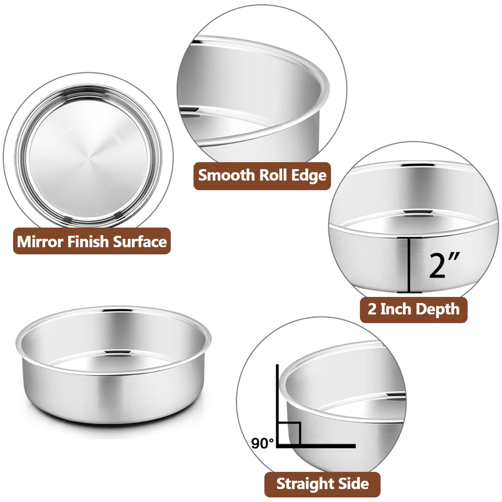 P&P Chef 6 Inch Cake Pans Set Of 4, Round Baking Pan, Stainless Steel Birthday Wedding Metal Layer Cake Pans, Non Toxic & Health