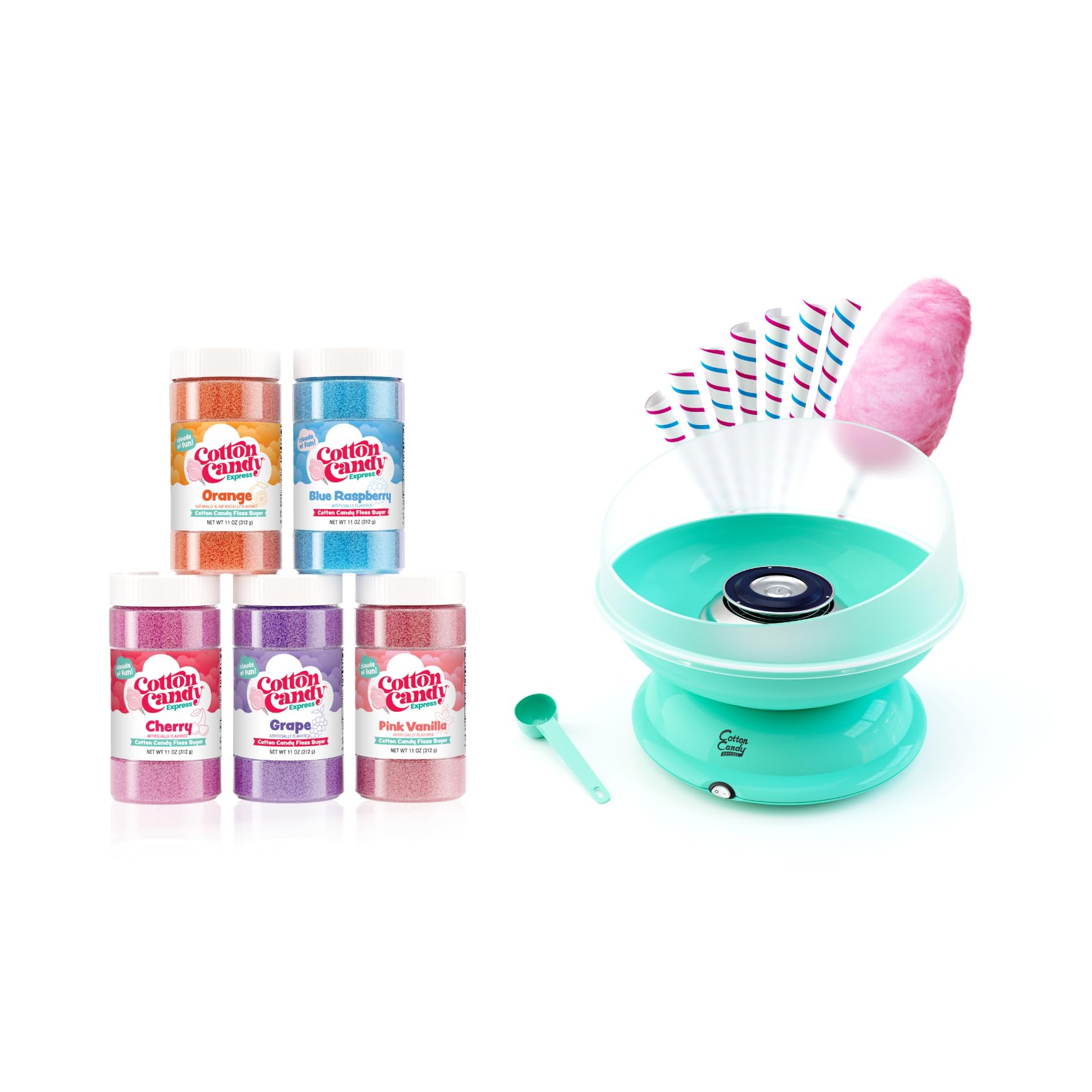 Cotton Candy Express Bb1000-S Cotton Candy Machine, With 5-11Oz. Jars Of Cherry, Grape, Blue Raspberry, Orange, Pink Vanilla Flo