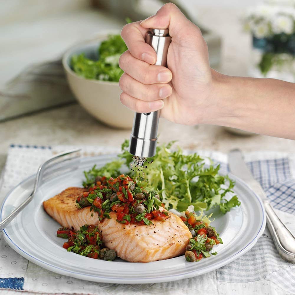 Grillmatic - One-Handed, Mini Thumb Push Button, Stainless Steel, Himalayan Sea Salt, Black Peppercorn And Gourmet, Stove, Grill